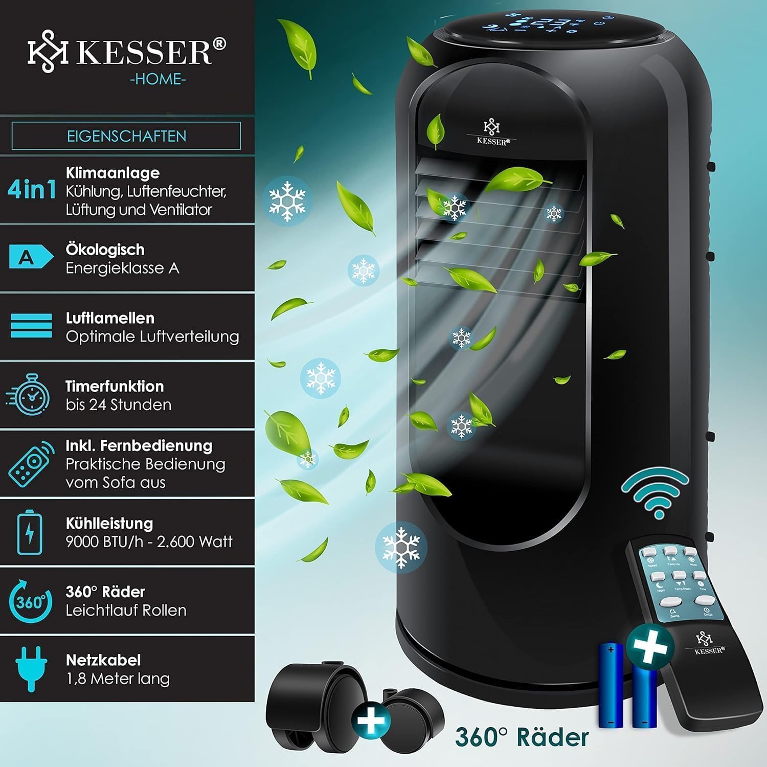 KESSER® Klimaanlage Mobil Klimagerät Sky Tower 4in1 kühlen, Luftentfeuchter, lüften, Ventilator - 9000 BTU/h (2.600 Watt) 2,7KW - Klima, Fernbedienung und Timer, Nachtmodus (EEK: D), Schwarz