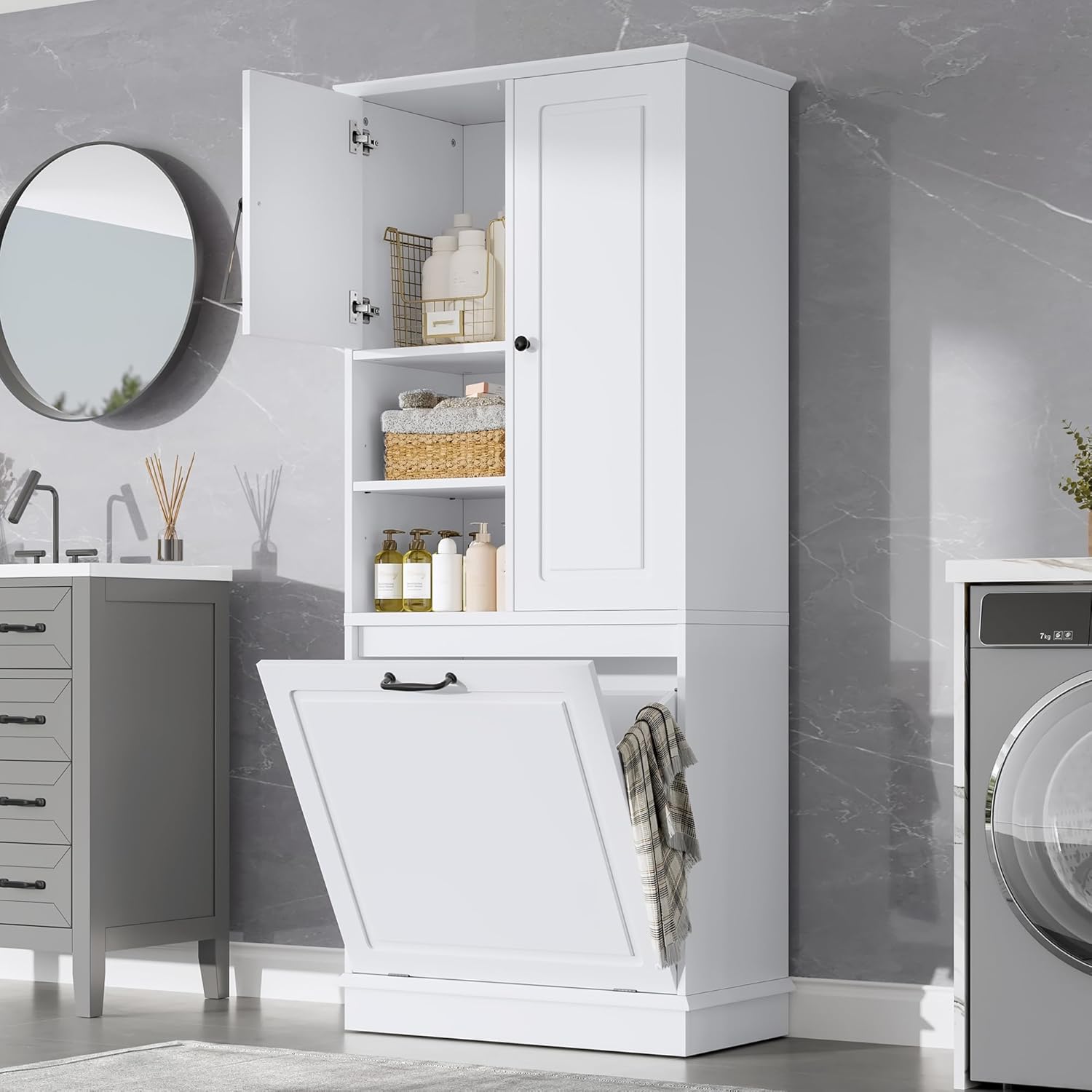 Virubi Tall Laundry Cabinet with Tilt Out Hamper, Wood Tall Laundry Room Cabinets with Doors, and Adjustable Shelves, for Bathroom Storage Organization, Freestanding, White