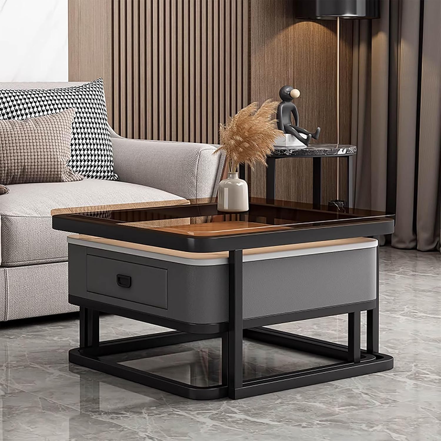 Quadratischer Couchtisch Gold Set aus 2 Glas Couchtisch mit Metallrahmen Kaffeetische für Wohnzimmer Aufbewahrung Couchtisch Moderne Design Home Easy Assembly für Wohnzimmer Büro Schlafzimmer