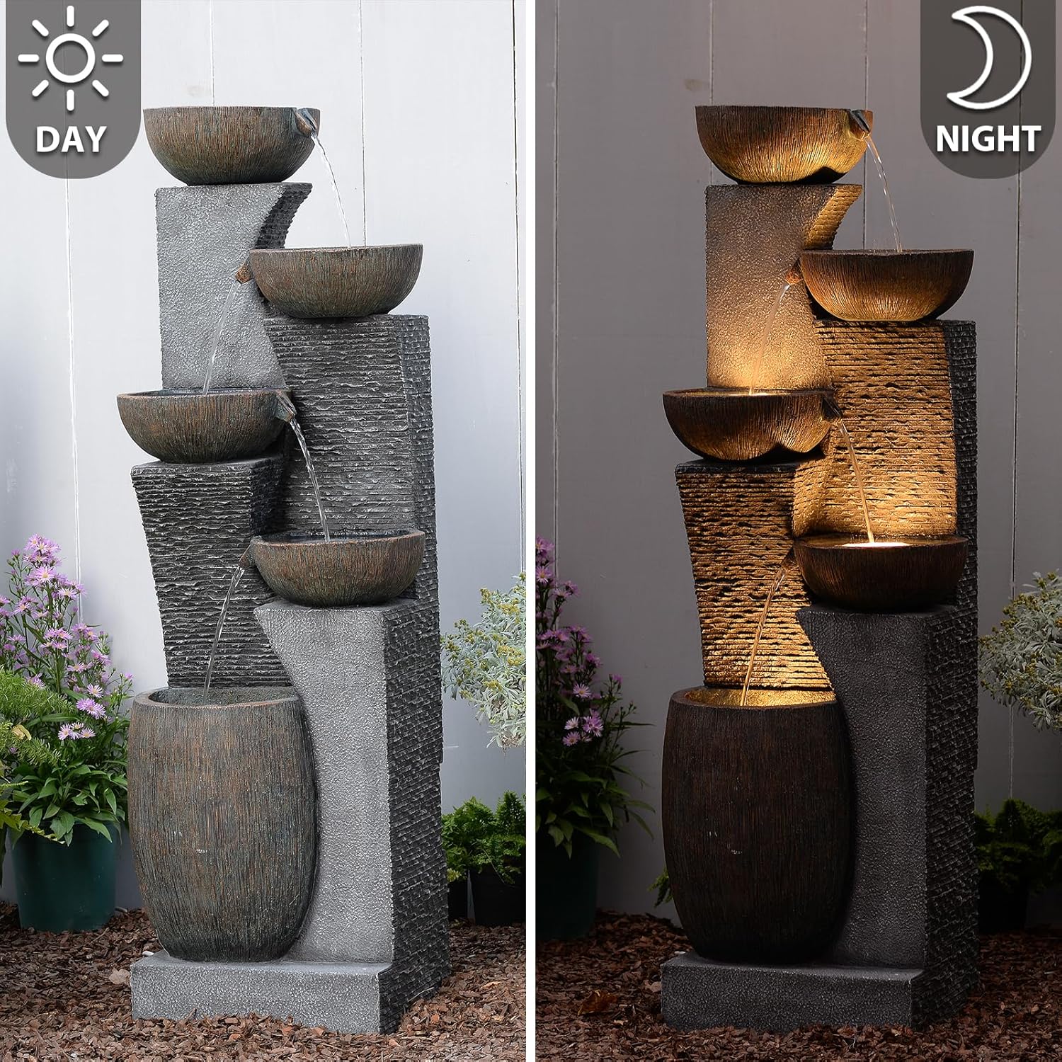 Bumilgar Großer Gartenbrunnen Springbrunnen für Außen mit LED Beleuchtung, 5-stufiger Wasserspiel Wasserfall Brunnen für Garten,Balkon,Terrasse,134x46x37 cm