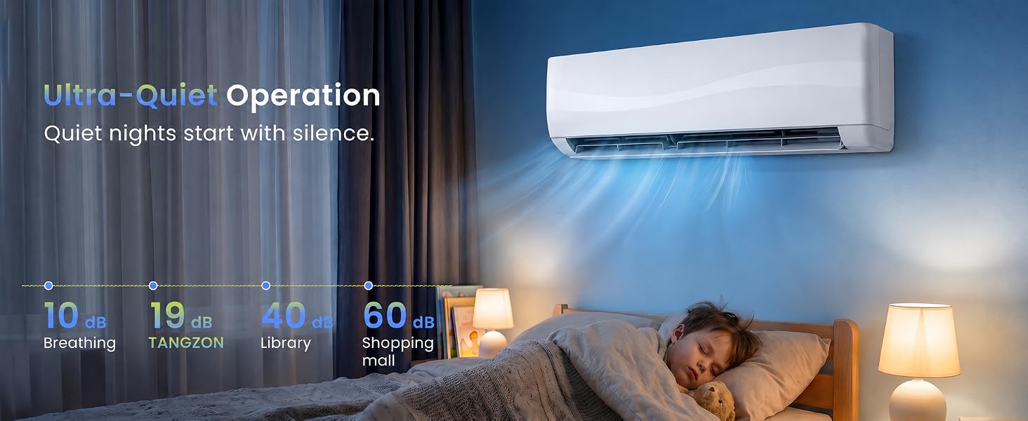 Text reads 'Ultra-Quiet Operation', 'Quiet nights start with silence', '10', '19', '40', '60'. Air conditioning unit mounted on bedroom wall above sleeping person, with numeric specifications displayed.