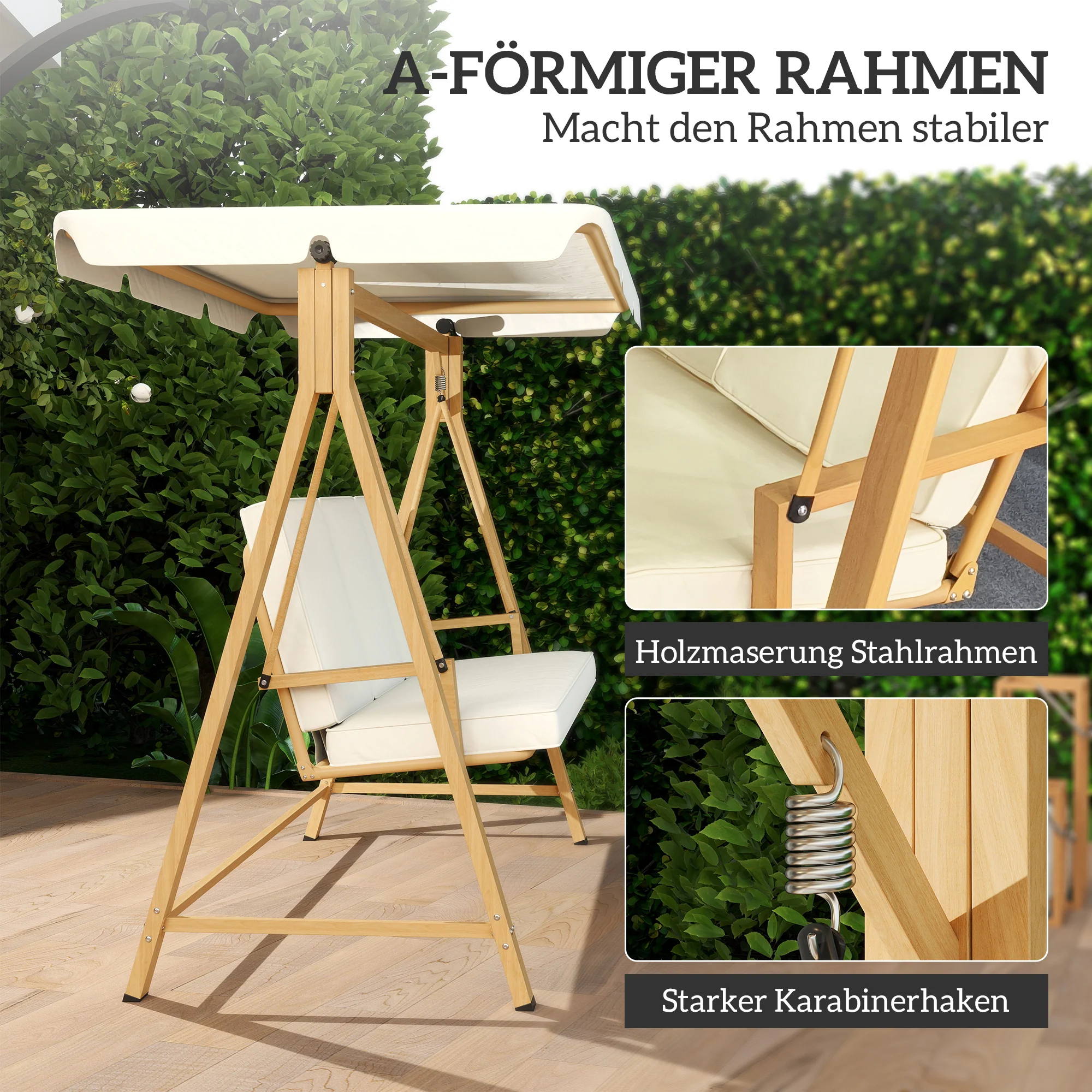 Outsunny Tuinschommel met Verstelbaar Zonnedak en Gewatteerde Zitting, 3-zits tot 330kg, 198 x 120 x 170cm, Beige