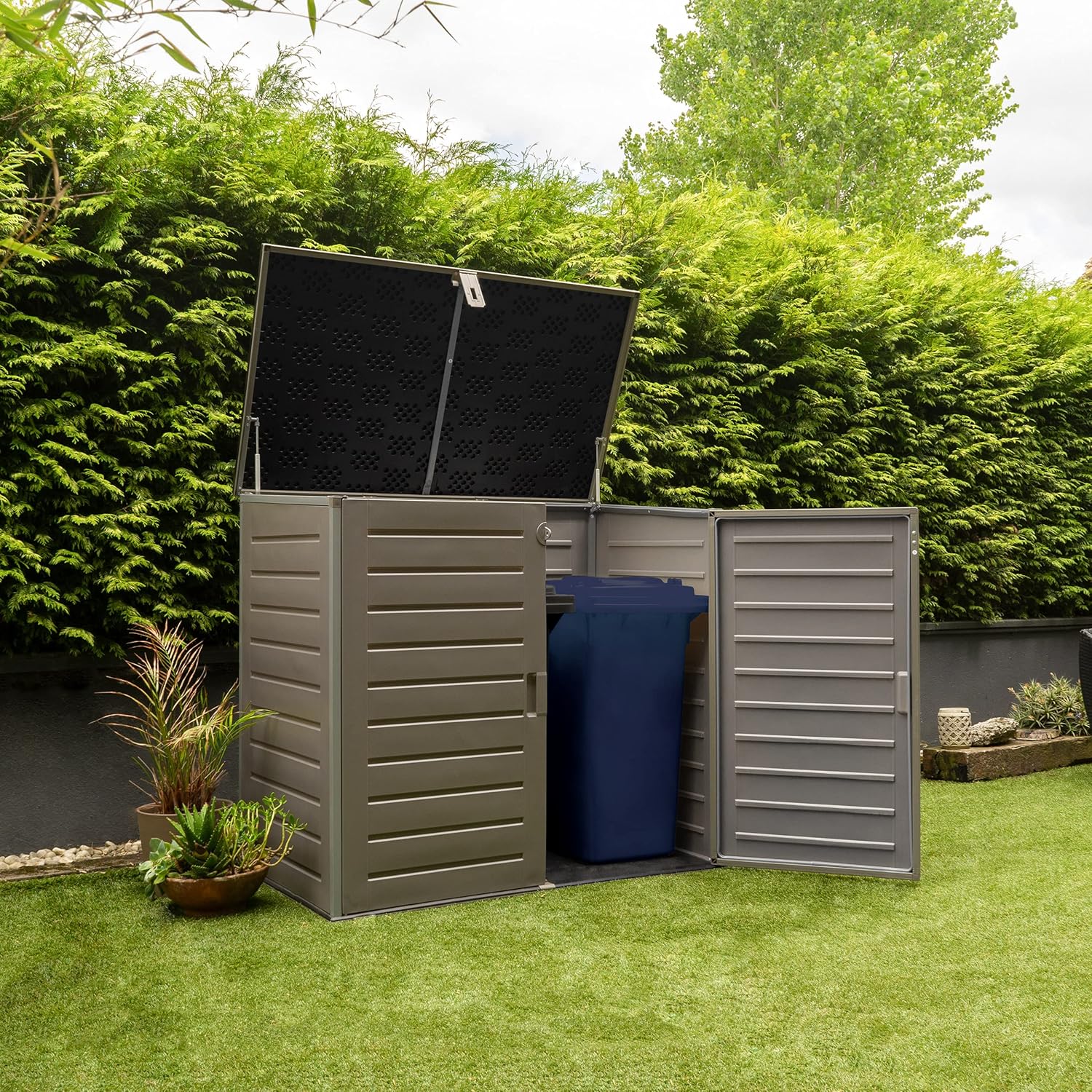 Wasabi - Mülltonnenbox aus Harz 1170L – 140x82x124cm – Inklusive Boden – Doppeltür und klappbarer Deckel – Metallrahmen – Polypropylen-Paneele – Riegelschloss – Gartenschuppen