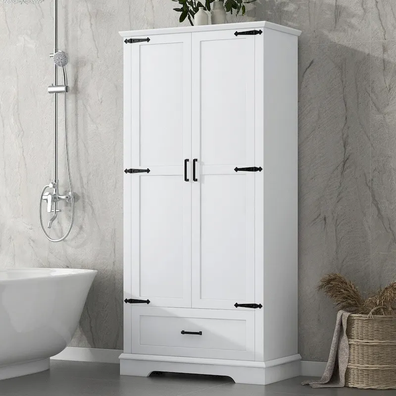 Tall Bathroom Storage Cabinet with Two Doors, One Drawer