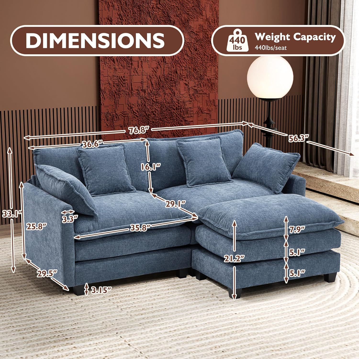 111.4 Inch L-Shaped Modern Sofa Modular Cloud Sofa Ottoman 4-Seater Chenille Deep Seat Sofa