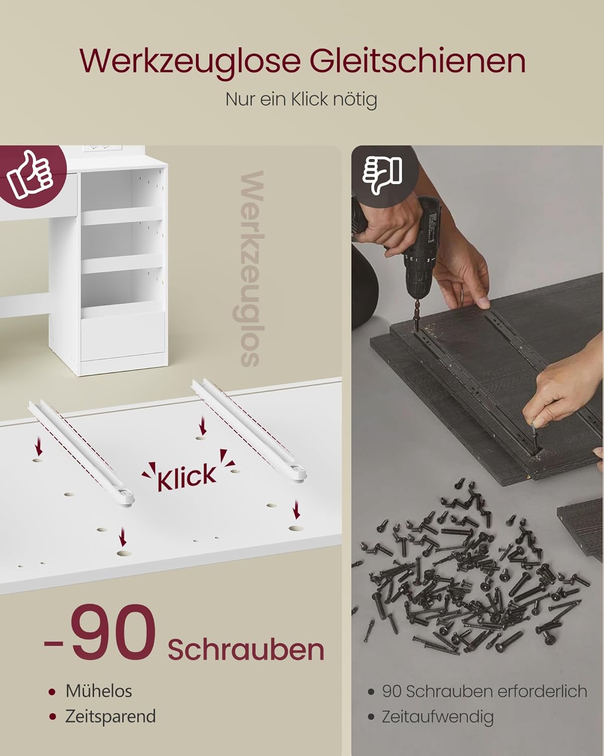 VASAGLE Kailyn Kollektion - Schminktisch mit Spiegel und LED-Leuchten, Steckdosenleiste, 9 Schubladen, 9 dimmbare Glühbirnen, 3 Lichtfarben, werkzeuglose Gleitschienen, wolkenweiß RDT141WB02