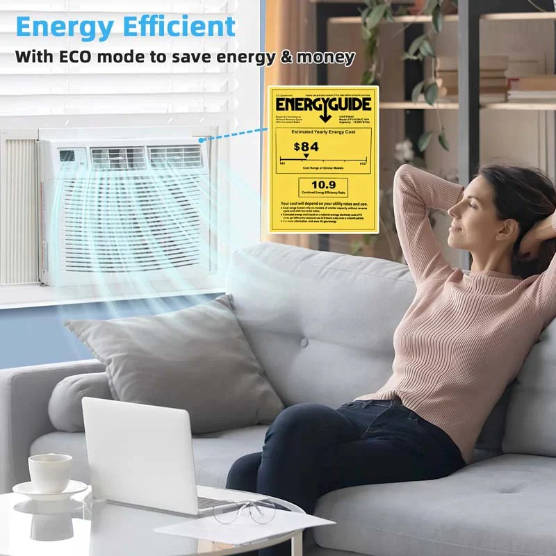 Quiet window air conditioner with 10,000 BTU, remote control, Eco mode, Energy Star certified, 3-in-1 unit with dehumidifier