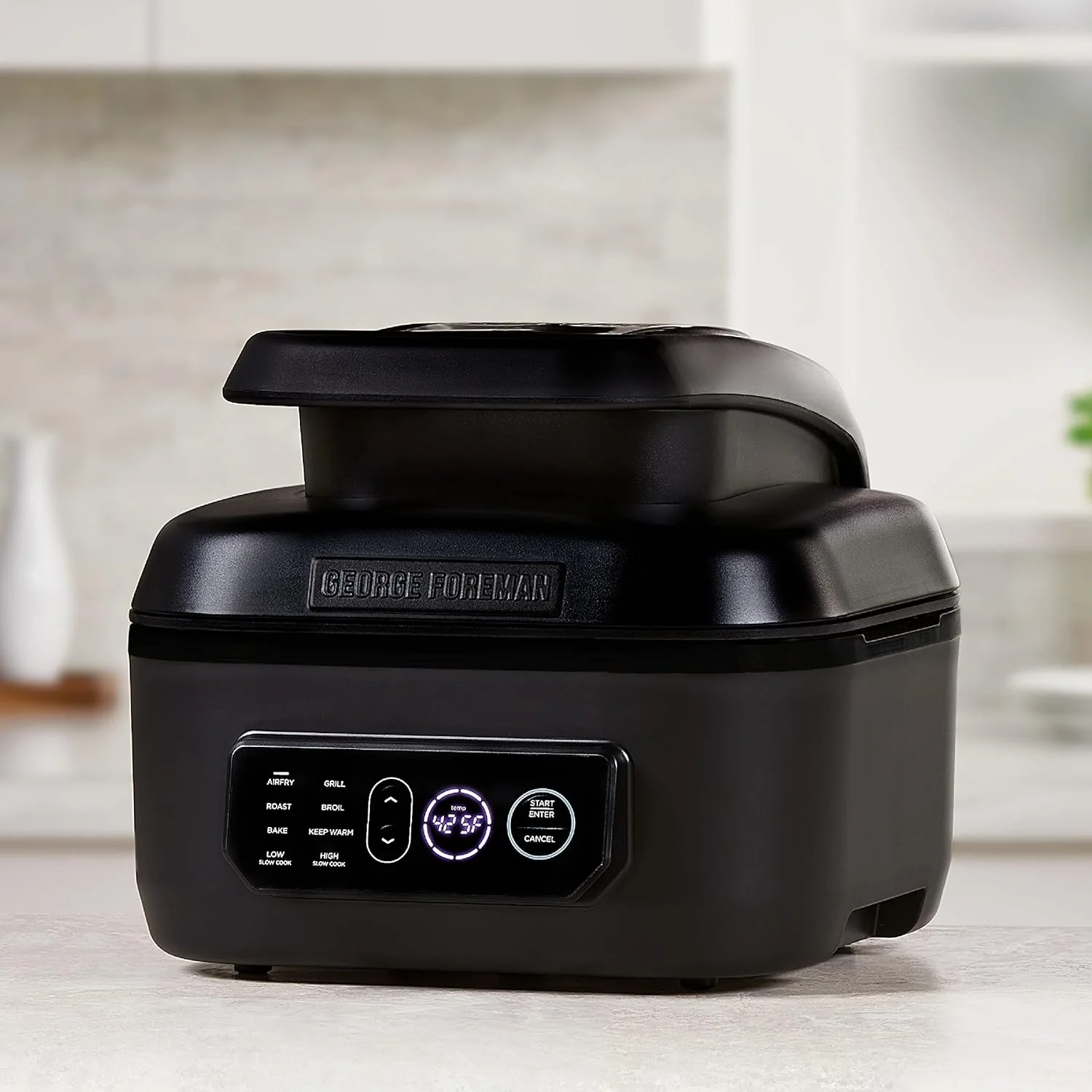 George Foreman Beyond Grill锟�?7-in-1 Electric Indoor Grill with Air Fry Technology, MCAFD800D, Black, Large