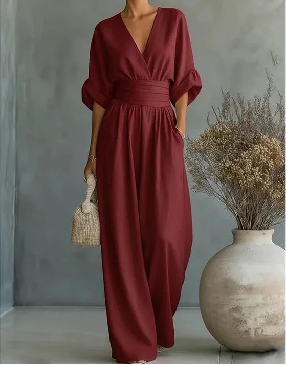 Women��s Elegant Wide-Leg Jumpsuit Wrap-Style Design