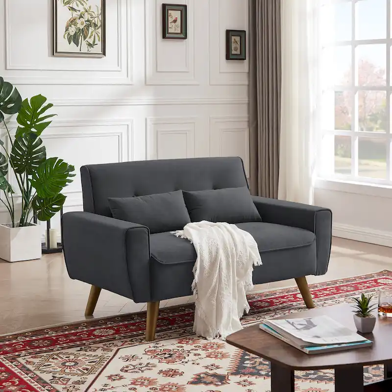 48.82 Small Tufted Loveseat Sofa with 2 Pillows and Tapered Wood Legs