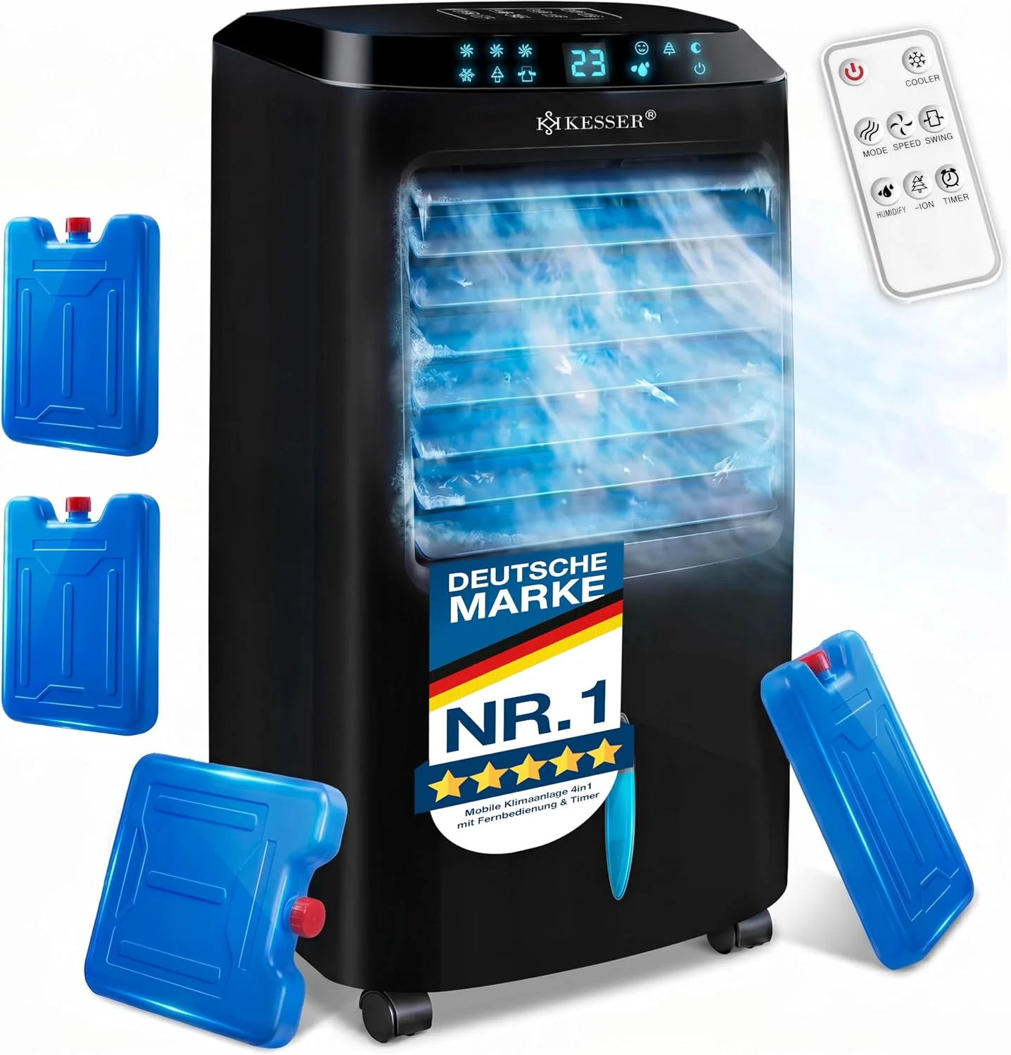 KESSER® Mobil klímaberendezés 4 az 1-ben léghűtő – Légfrissítő távirányítóval és időzítővel, 10 literes víztartály, ionizátor és párásító, ventilátoros légkondicionáló elvezetőcső nélkül, 3 fokozat, hűtőakkukkal