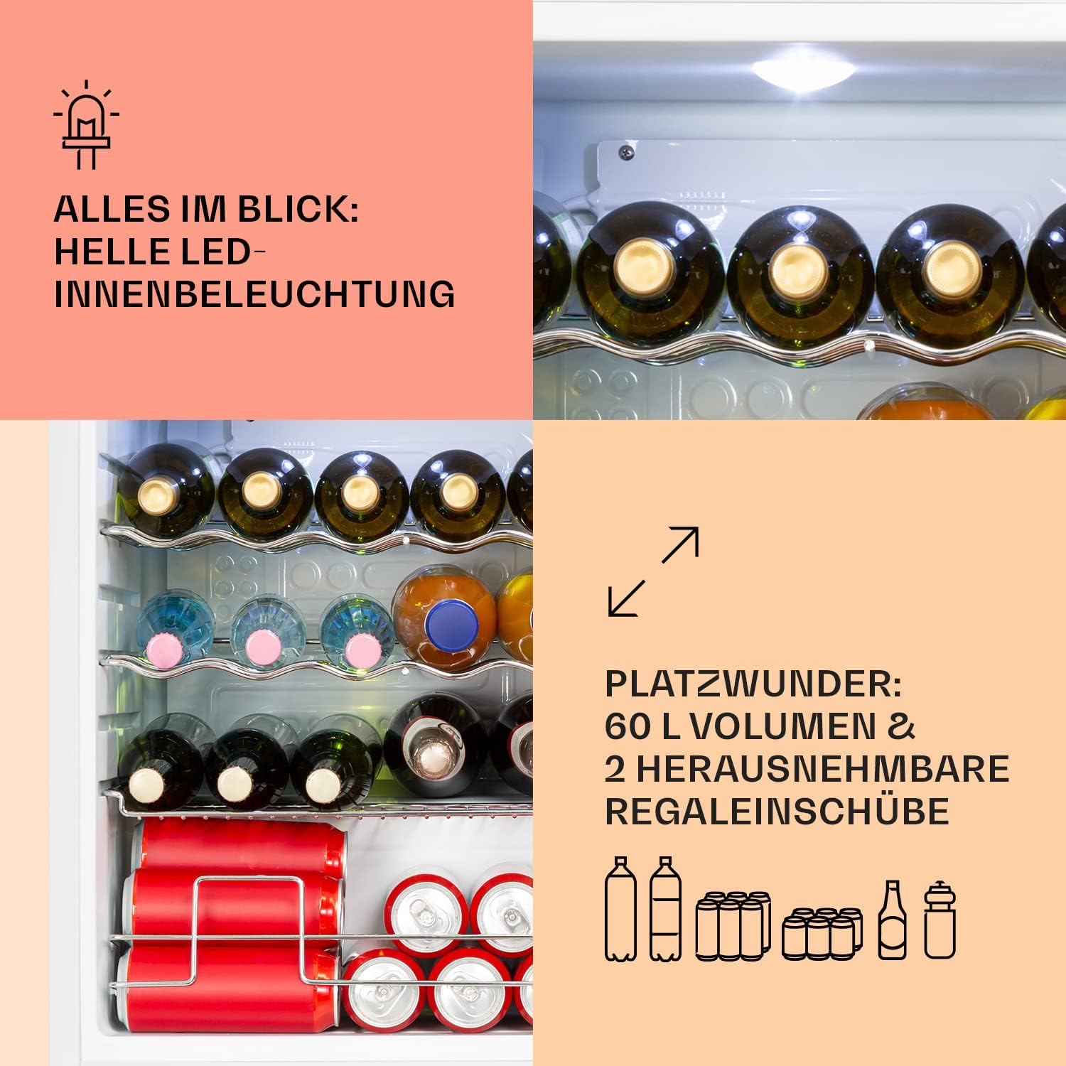 Klarstein Mini Koelkast met Glazen Deur voor Kamer, Drankenkoelkast met Verstelbare Planken, Klein 80 Liter, Indoor/Outdoor Koelkast Stil