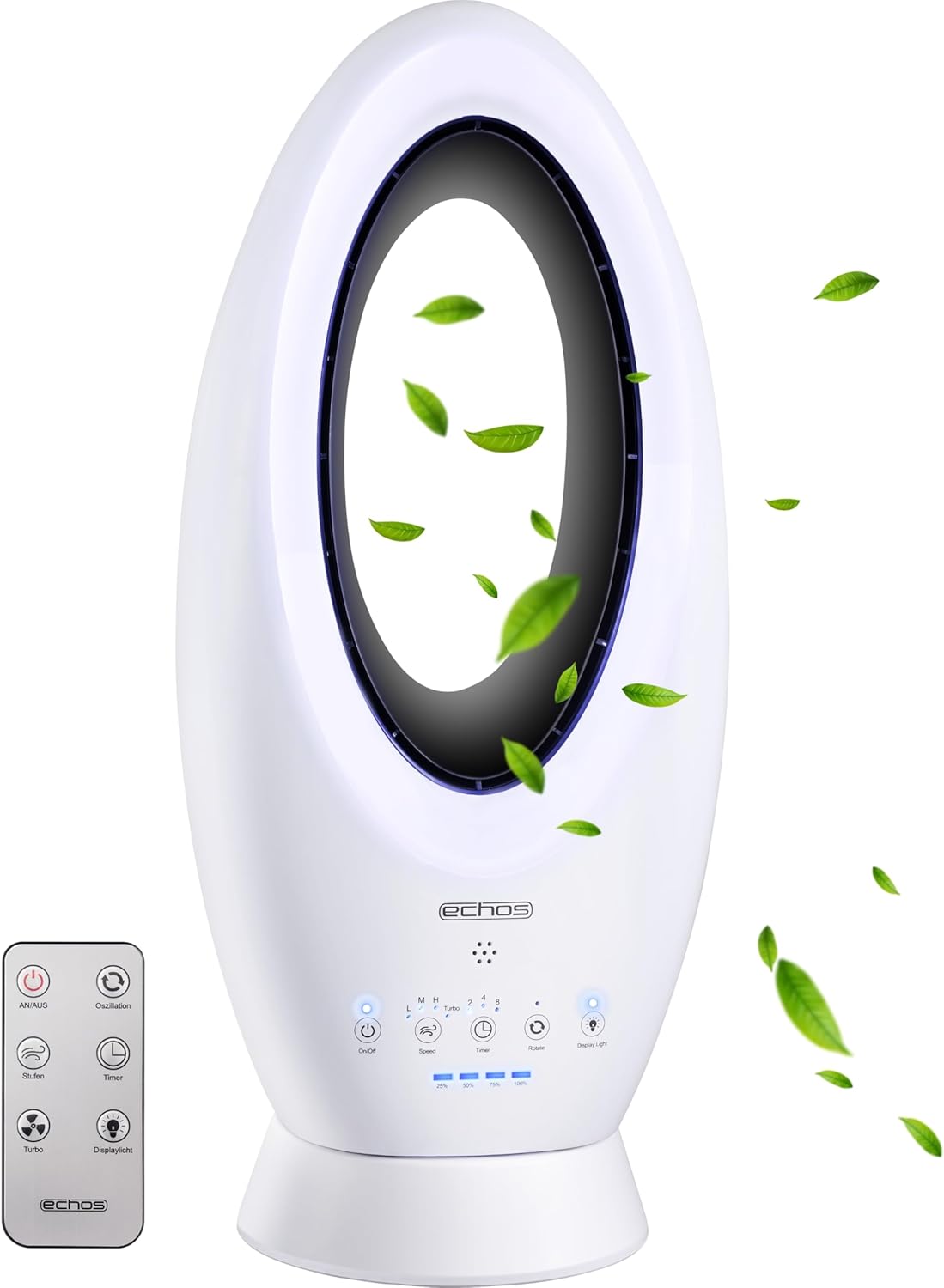 Echos®- 2-in-1 Design Akku Turmventilator Standventilator mit Fernbedienung kabellos - Akku- oder Strombetrieb - Leiser Ventilator Tischventilator oszillierend - Fernbedienung LED Beleuchtung