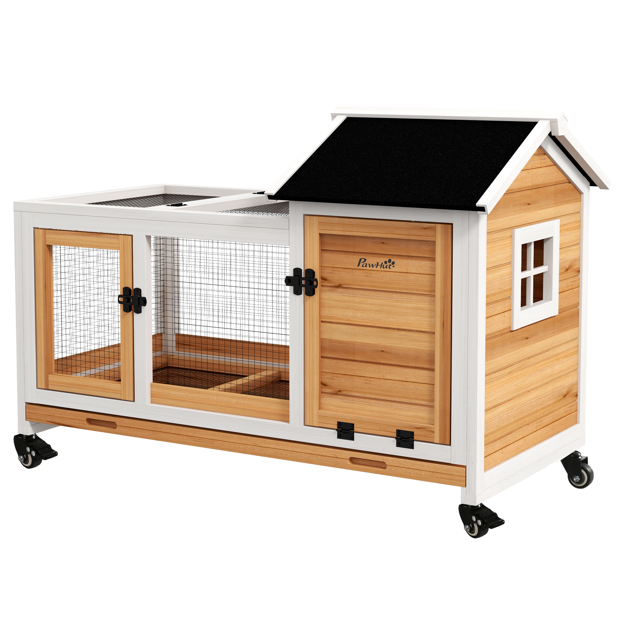 PawHut Konijnenhok voor Dwergkonijnen, Cavia's, met Wielen, 108 x 58 x 73,5 cm, Geel