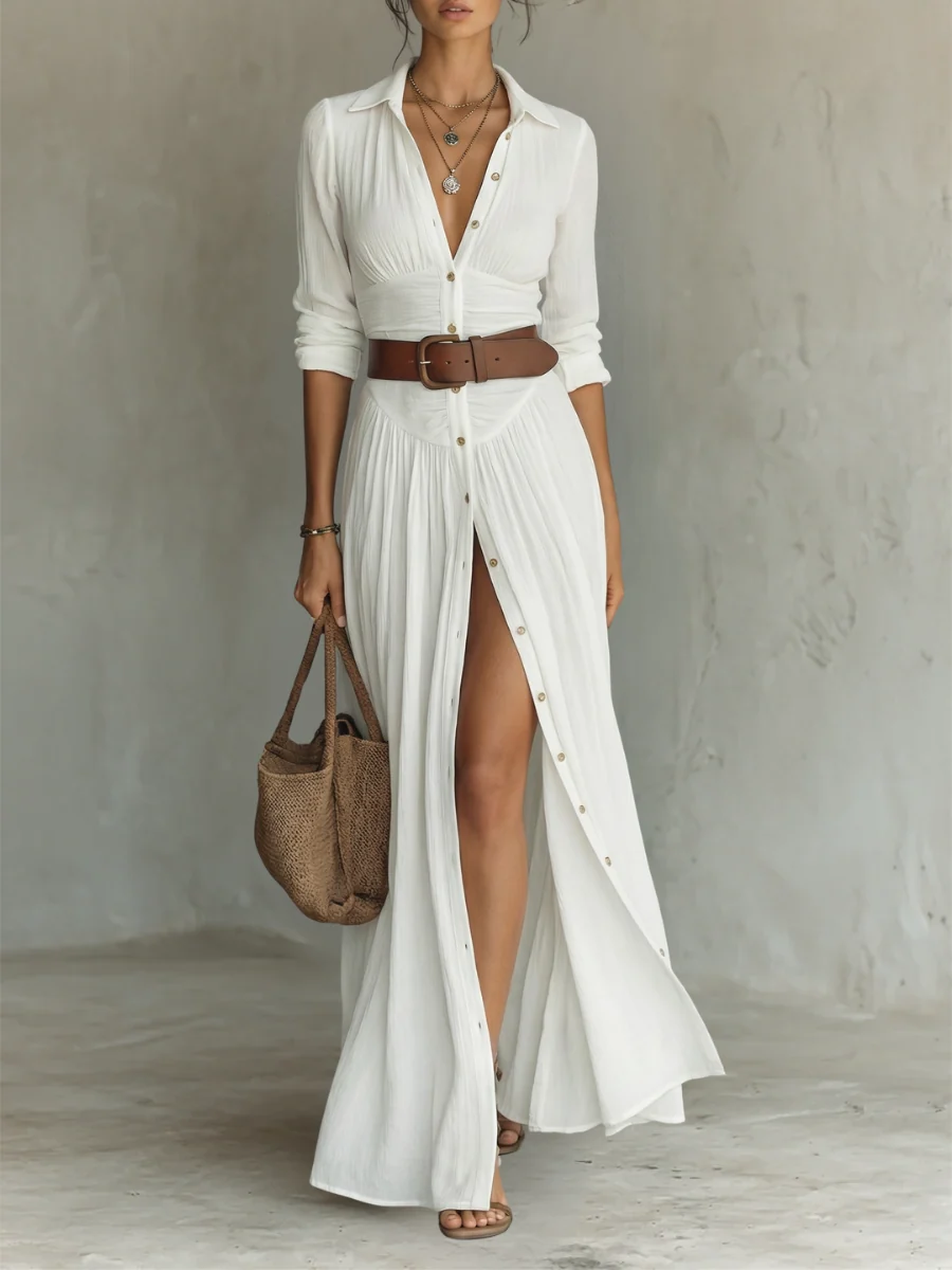 Womena??s Elegant Long Sleeve Maxi Dress with Pleated Design