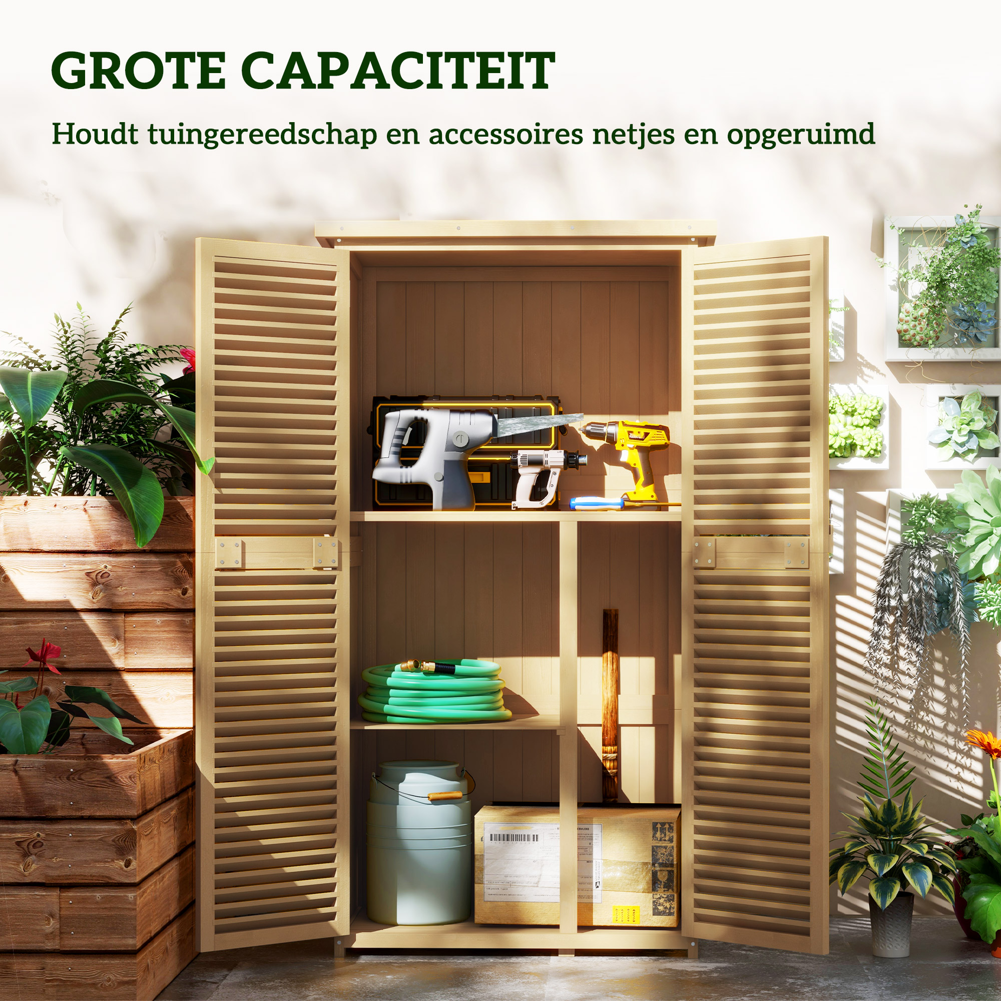 Outsunny Weerbestendige Tuinkast, 2 Deuren met Slot, Grenenhout, 87L x 46,5B x 160H cm, Lichtgeel