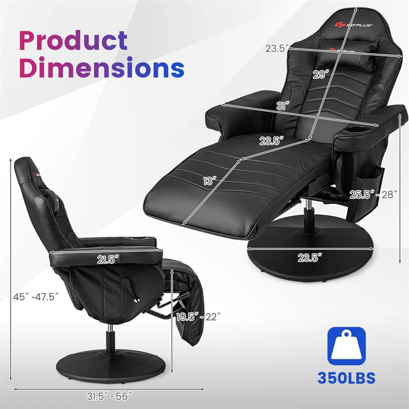 Ergonomic Gaming Recliner Chair with Massage, Retractable Footrest & Cup Holder, Height Adjustable Racing Style Swivel Video Game Chair