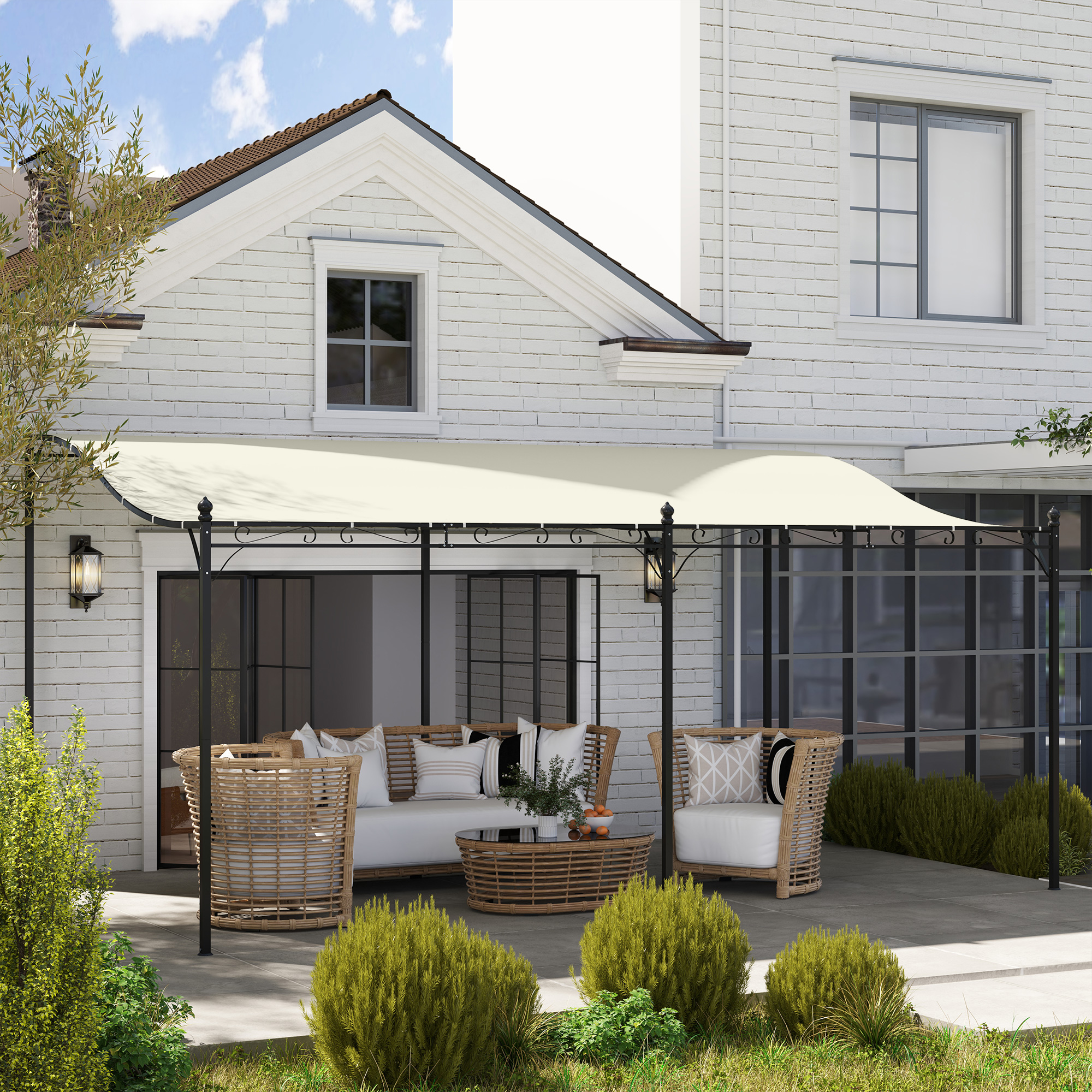 Outsunny 3 x 5 m Pergola, Flexibel Tuindak met Waterdichte Zeil en Metalen Frame, Schaduwplek, Crèmewit