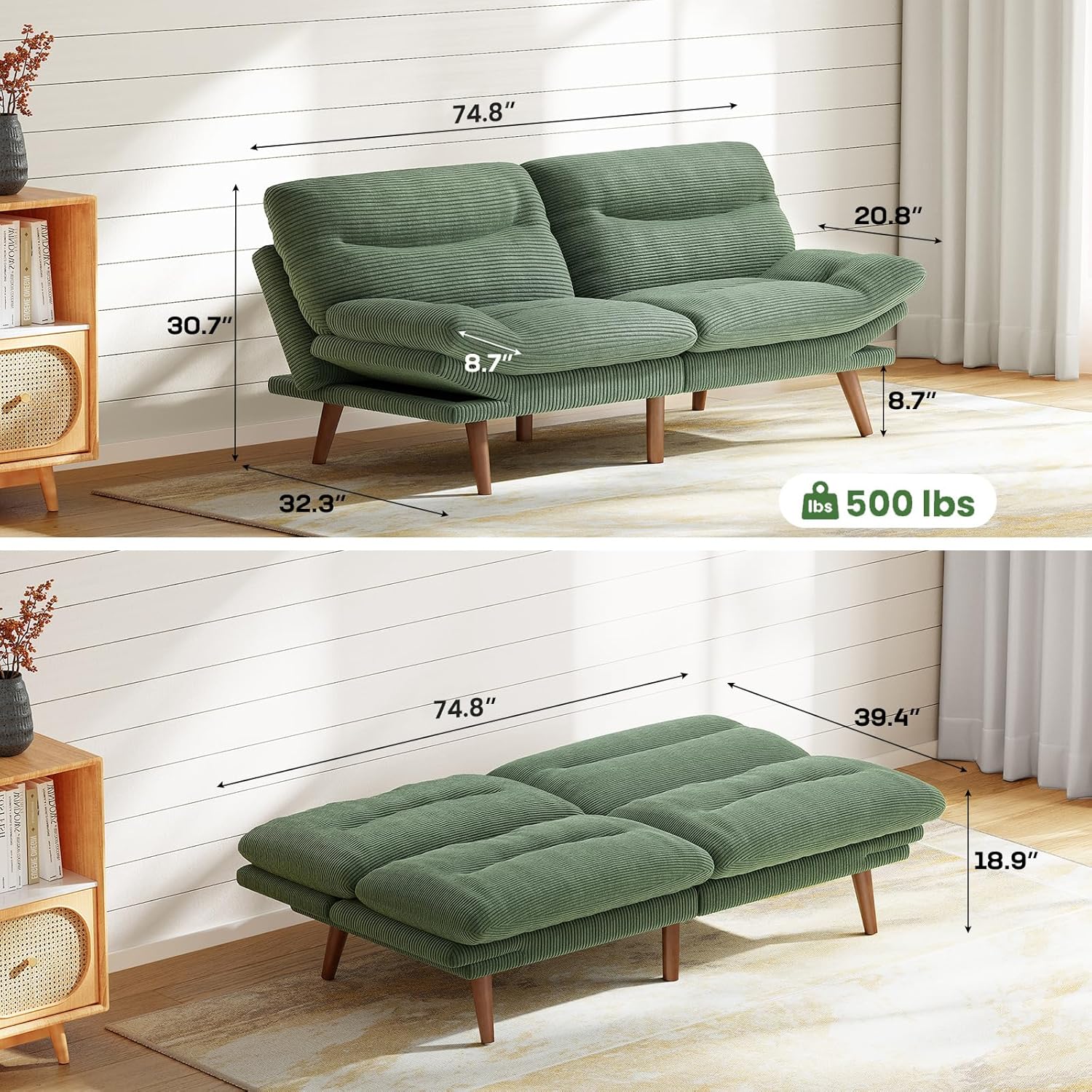 Futon Sofa Bed Futon Sofa with Adjustable Back and Armrests Converts to Small Sleeper Sofa Bed