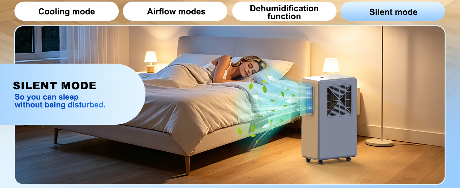 Text reads 'Cooling mode', 'Airflow modes', 'Dehumidification', 'Sleep mode', and 'SILENT MODE'. Portable air conditioning unit positioned beside bed in bedroom with illustration showing operating modes and nighttime usage.