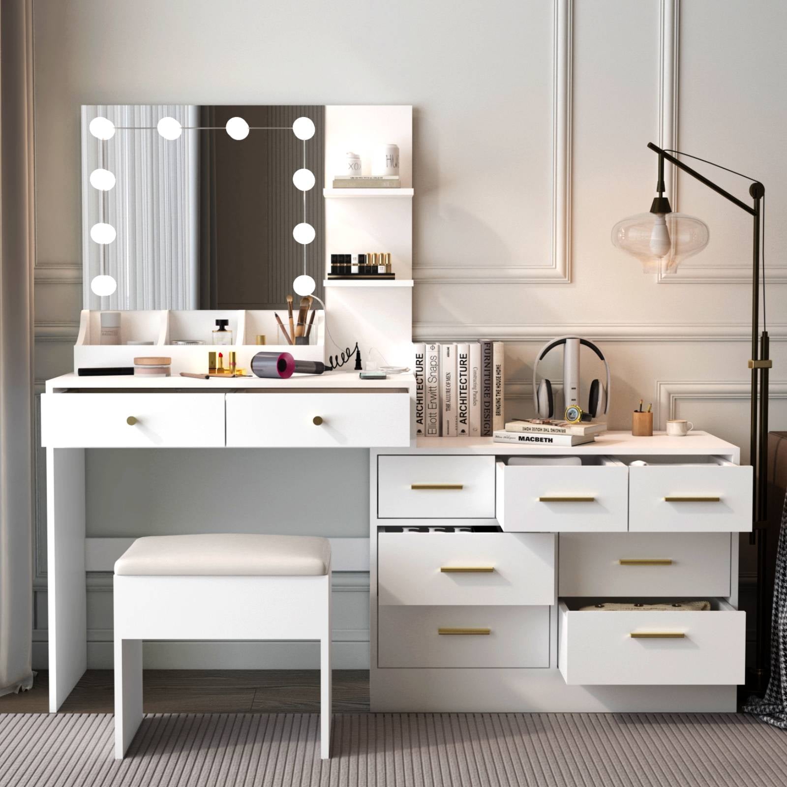Ktaxon Makeup Vanity with 9 Drawers&USB Charging Station, Vanity Desk with 3 Color Light, Vanity Table Set w/ 9 Drawer Dresser, for Girls and Women, White