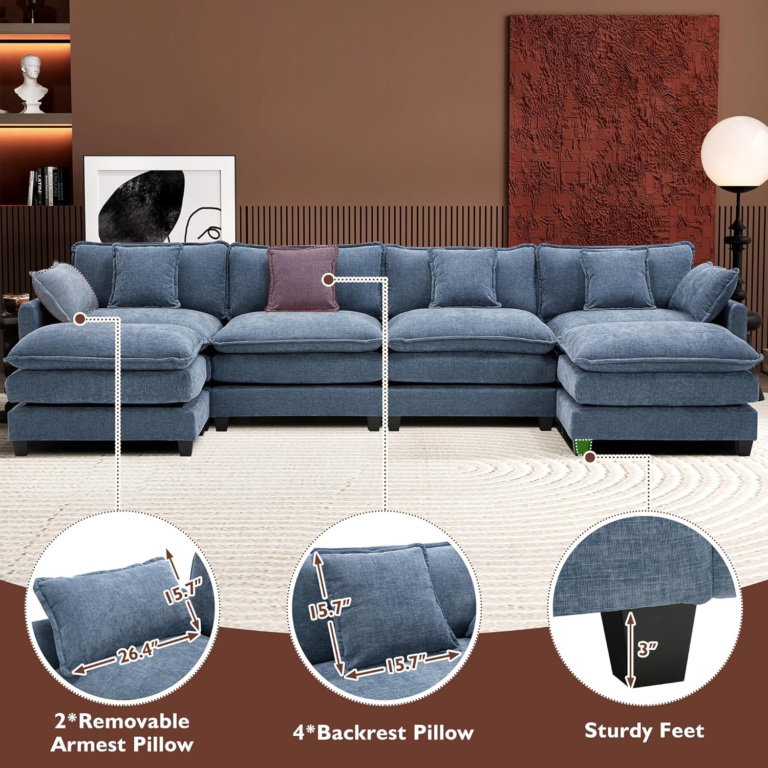 111.4 Inch L-Shaped Modern Sofa Modular Cloud Sofa Ottoman 4-Seater Chenille Deep Seat Sofa