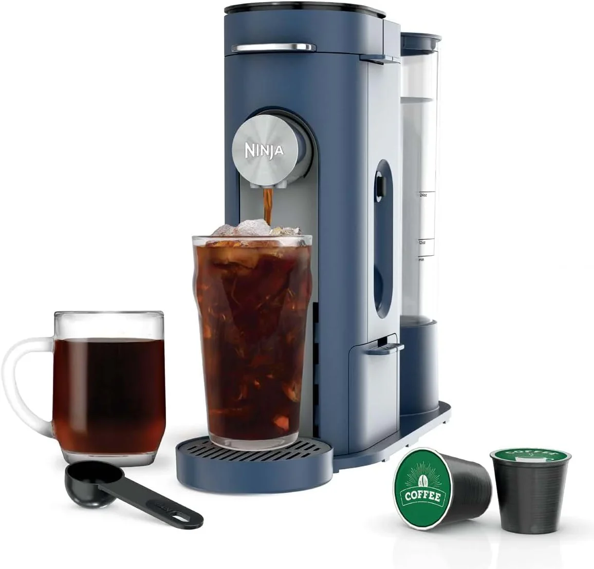 Ninja Pods & Grounds egyadagos kávéfőző, K-Cup Pod kompatibilis, őrölt kávé főzésére is alkalmas, kompakt kivitel, 56 unciás víztartály, 6 unciás csészétől 24 unciás utazóbögréig főzési méret, jeges kávé készítő, kő szín, PB041ST