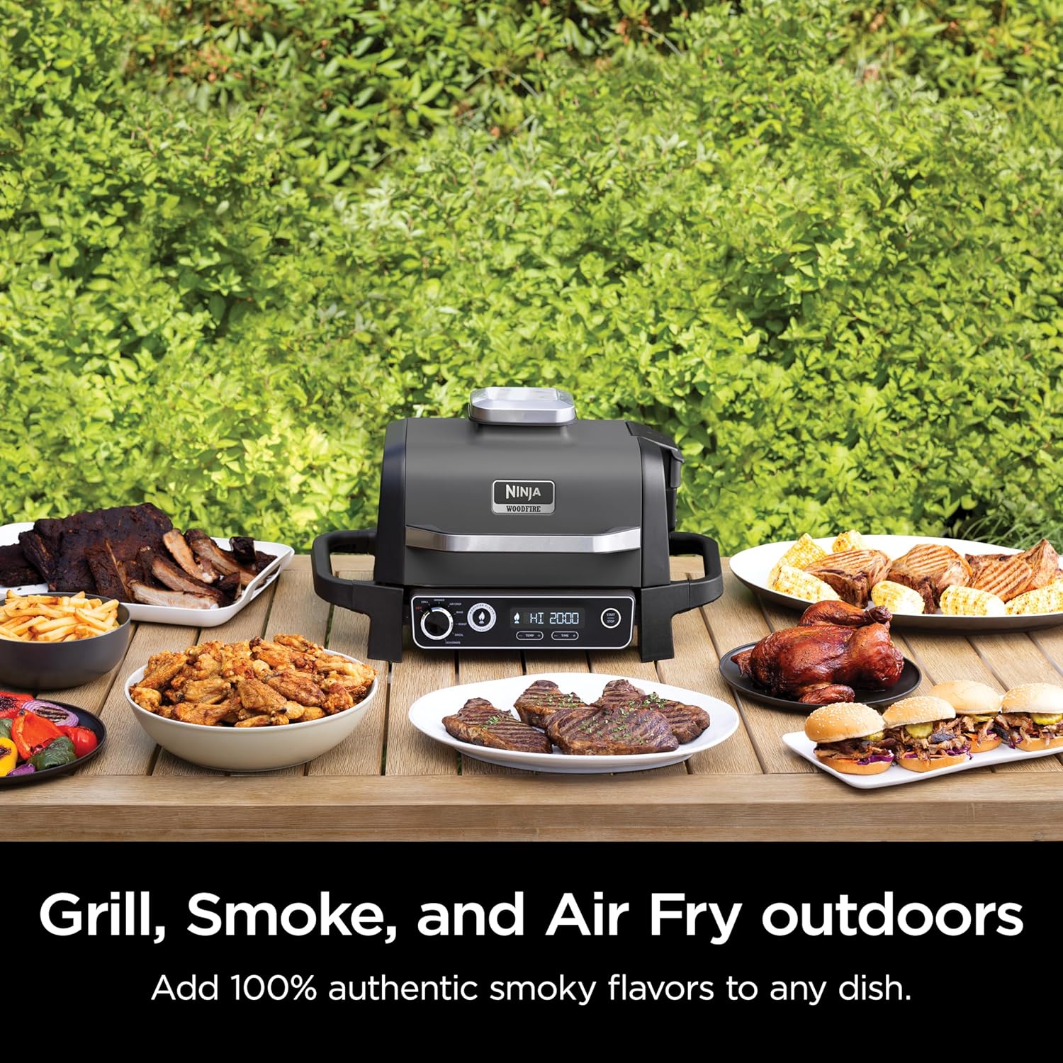 Ninja | Woodfire Series | 7-in-1 (Grill  BBQ  Roast  Air Fry  Dehydrate  Broil  Smoke) | Portable & Weather Resistant | Cook Up To 6 Steaks & 30 Hot Dogs | Woodfire Pellets included | OG701