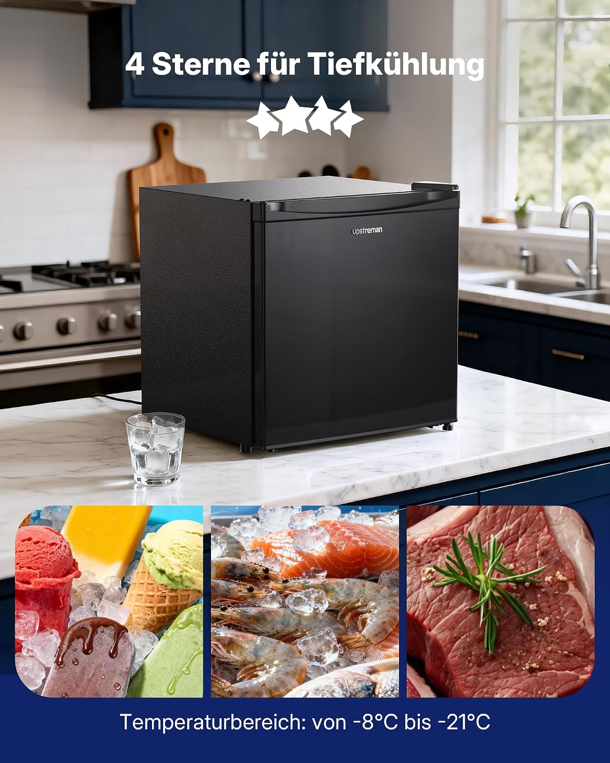 Upstreman 35L Gefrierschrank Klein, -21℃ 4 Sterne Mini Gefrierschrank,Umkehrbare Türen,Leise, Energiesparend,Reversibles Türscharnier,Tiefkühlschrank Klein,Büro, Hotel, Schwarz, UF35