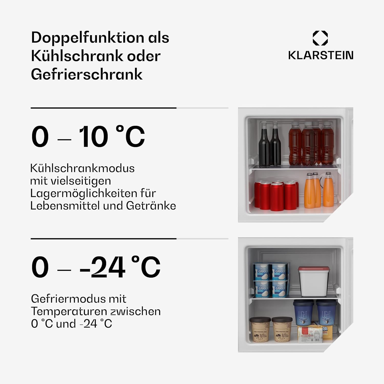 Klarstein Irene Mini-Gefrierschrank, 31L Kühl-/Gefrierkombination Mit Temperaturregelung -24 °C bis 10 °C, Energieeffizient, Leise 38 dB Für Schlafzimmer & Kleine Räume, Kompaktes Design