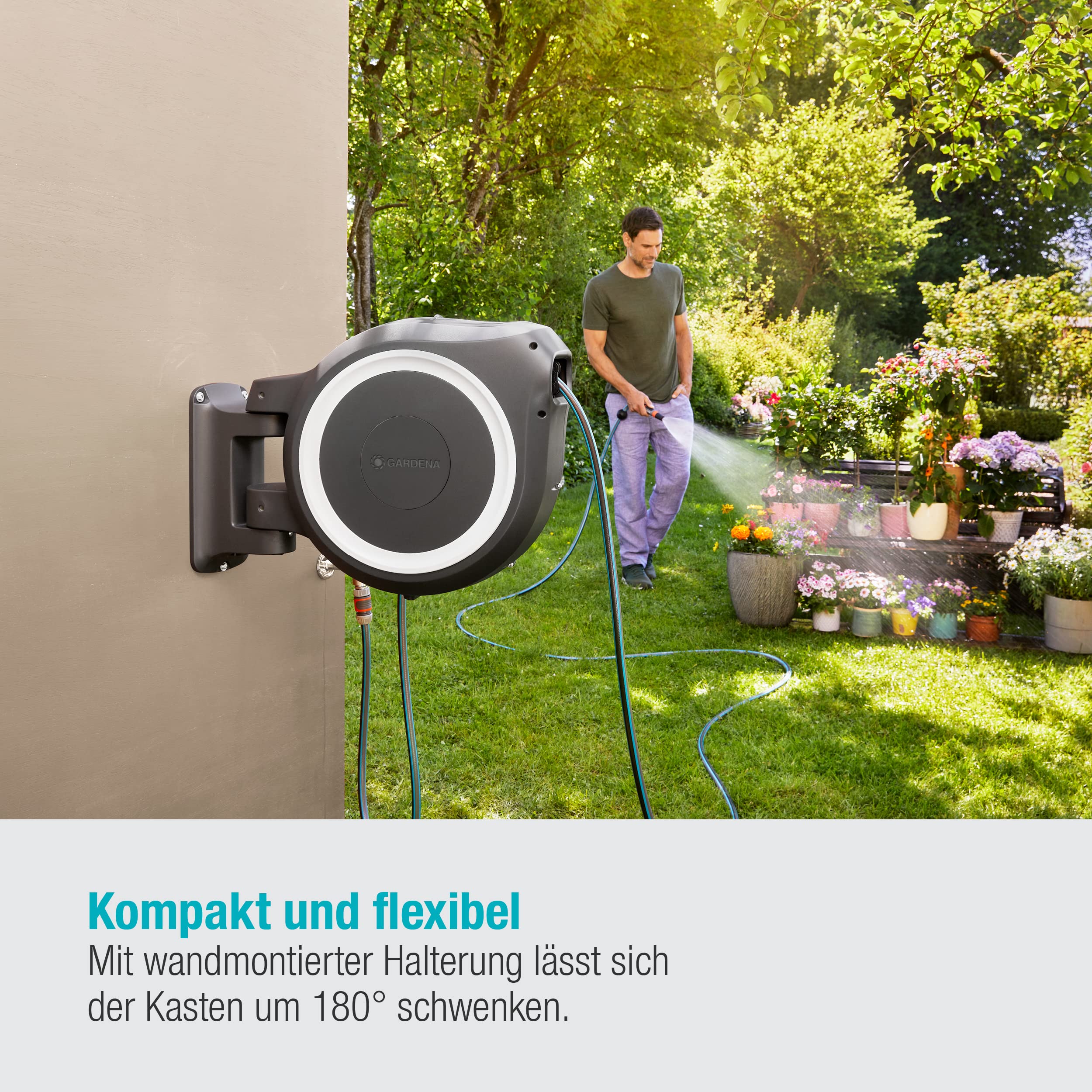 2025 Gardena Wandslangbox RollUp M/L (wit) 25 m: flexibele beregening voor middelgrote tot grote tuinen, draaibare slangbox, incl. 25 m Gardena kwaliteitslang en montagemateriaal (18622-20)