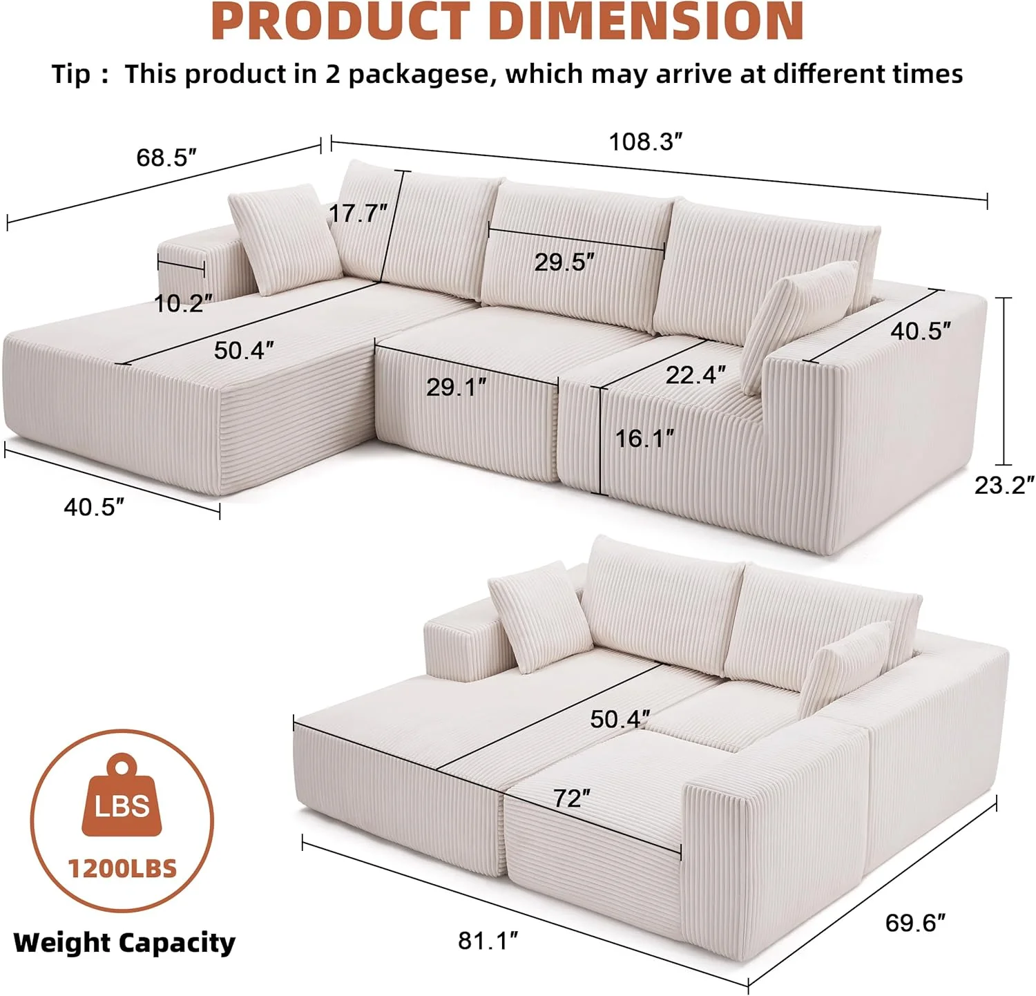 108 Modular Sectional Sofa Cloud Sectional Couch Modern Modular L-Shape Sofa Couch