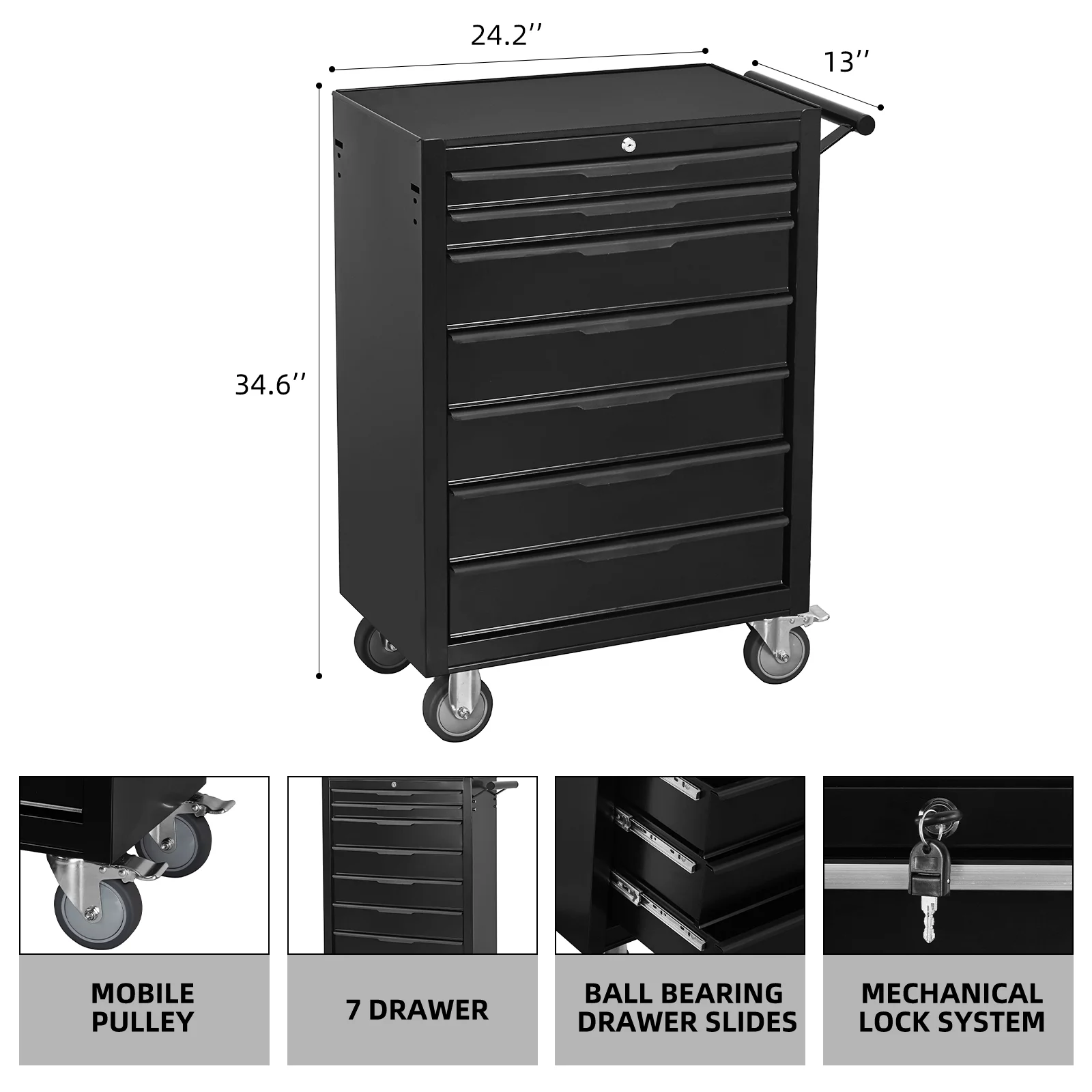 7-Drawer Rolling Tool Chest Cabinet, Large Capacity Metal Tool Box with Wheels and Cylinder Locking, Roll Around Storage Organizer Tool Cart for Garage, Warehouse, Work Shop - Black
