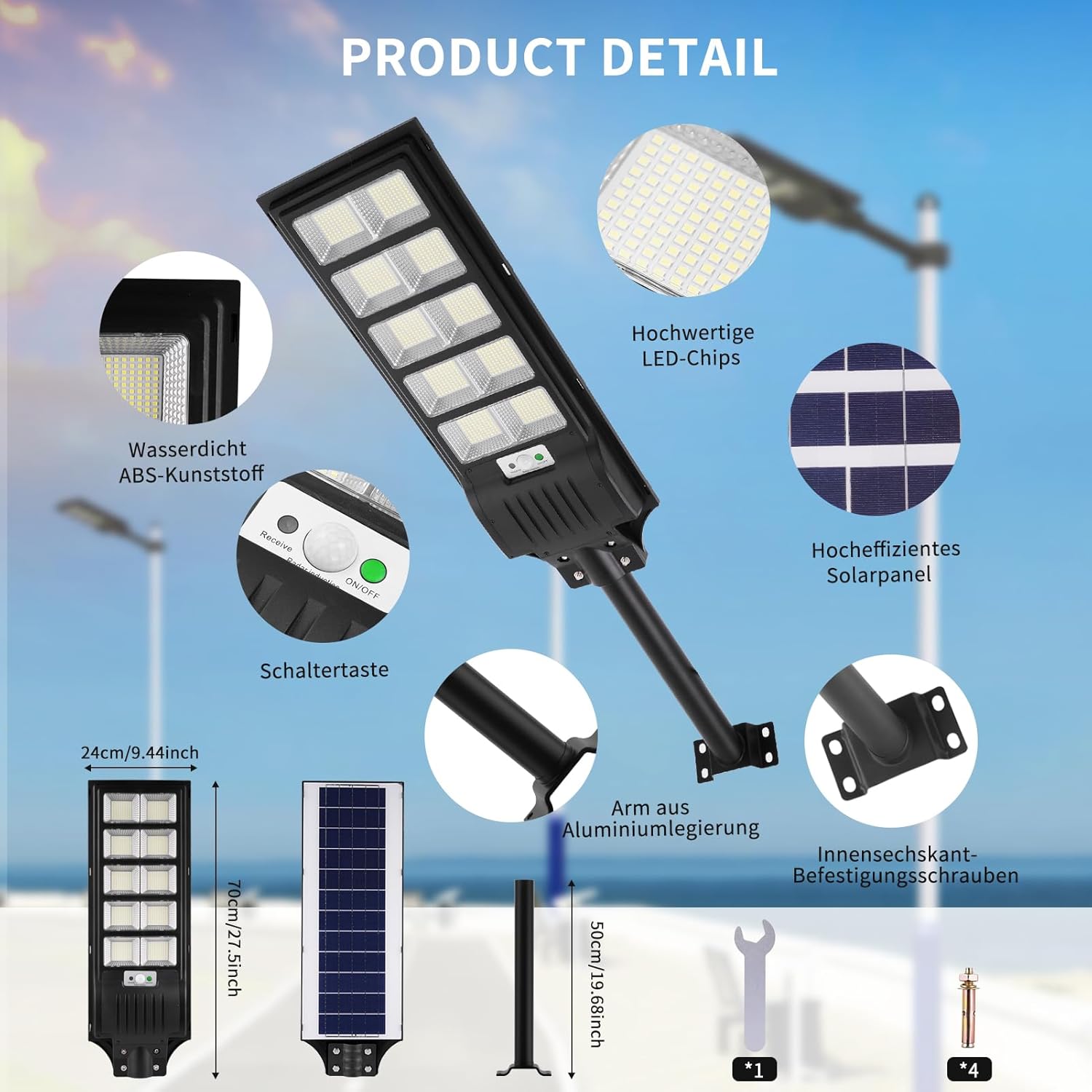 Sararoom 500W Solar Straßenlaterne | 900 LED Strassenlaterne Außenleuchte Solar Strahler Außen mit Bewegungsmelder | 4er 6500K IP65 Wasserdicht Sicherheitsleuchte Solarlampe für Garten Garage Hof Wege