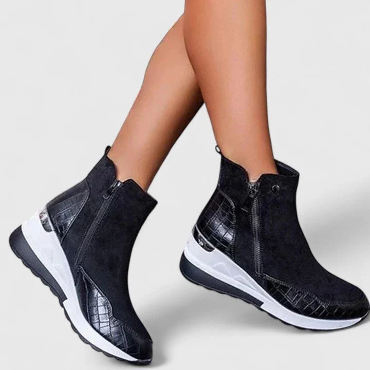 Women��s Black Wedge Ankle Boots Croc-Panel Zip-Up Design