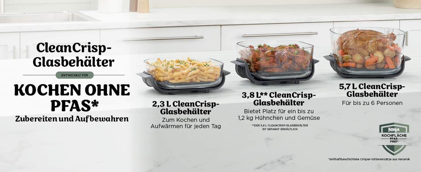 El texto dice „RECIPIENTE DE VIDRIO CHEMCRISA COCINAR SIN PFAS“. La foto del producto muestra moldes de vidrio con alimentos en su interior, provistos de etiquetas de texto en alemán.