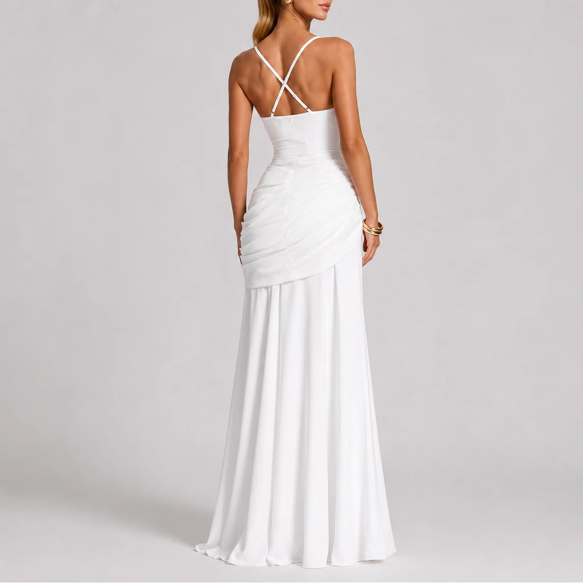 Women��s Maxi Evening Dress with Ruched Waist and Square Neckline