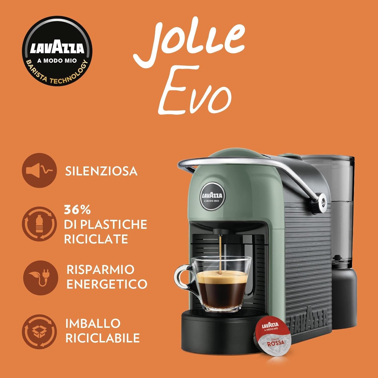 Lavazza A Modo Mio Jolie Evo, Macchina per Caffè Realizzata con 36% di Plastica Riciclata, Macchina Espresso con 64 Capsule Lavazza A Modo Mio Tierra Assortite Incluse, Verde