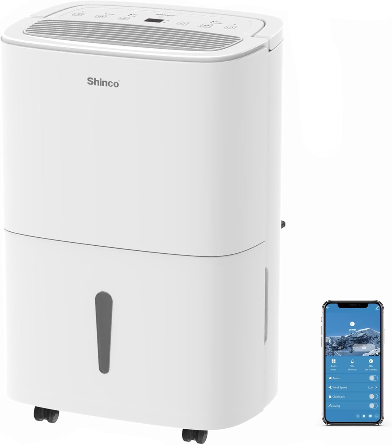 Shinco WIFI Deumidificatore Portatile 30L/Giorno, Purificatore d'aria, Filtro a Carbone Attivo, Timer 24 Ore, Scarico Continuo, Funzione Asciugatrice, Bianco
