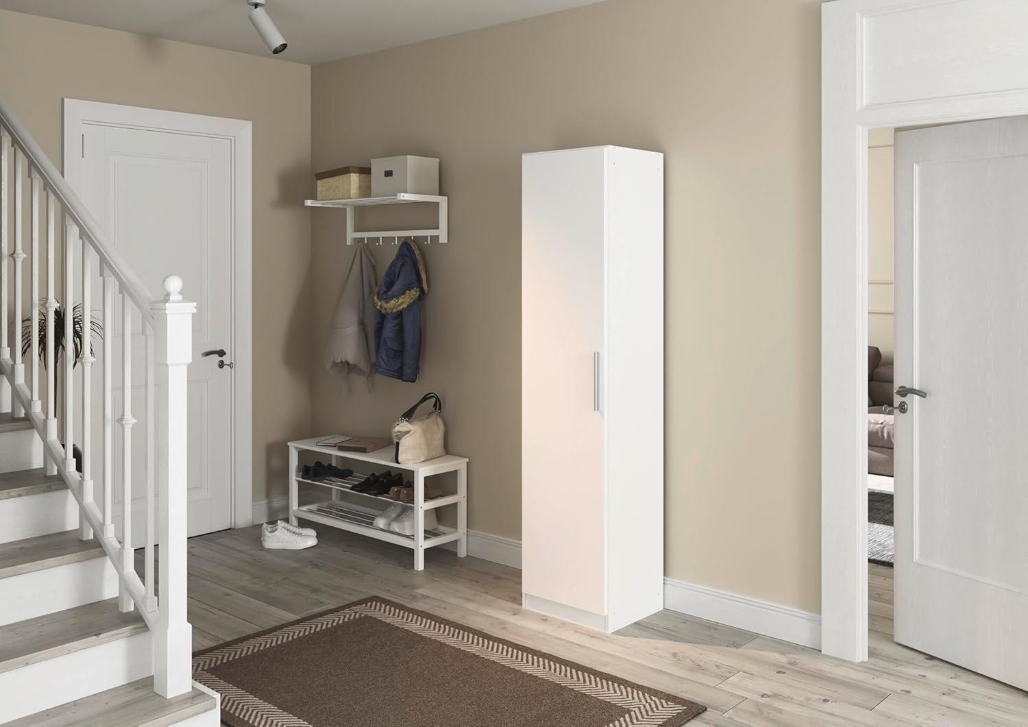 Rauch Möbel MINOSA, Garderobenschrank für Flur, Eingangsbereich, Schlafzimmer, Kleidung 1-türig, mit 1 Kleiderstange und 1 Einlegeboden, Farbe Weiß, Breite 47 cm