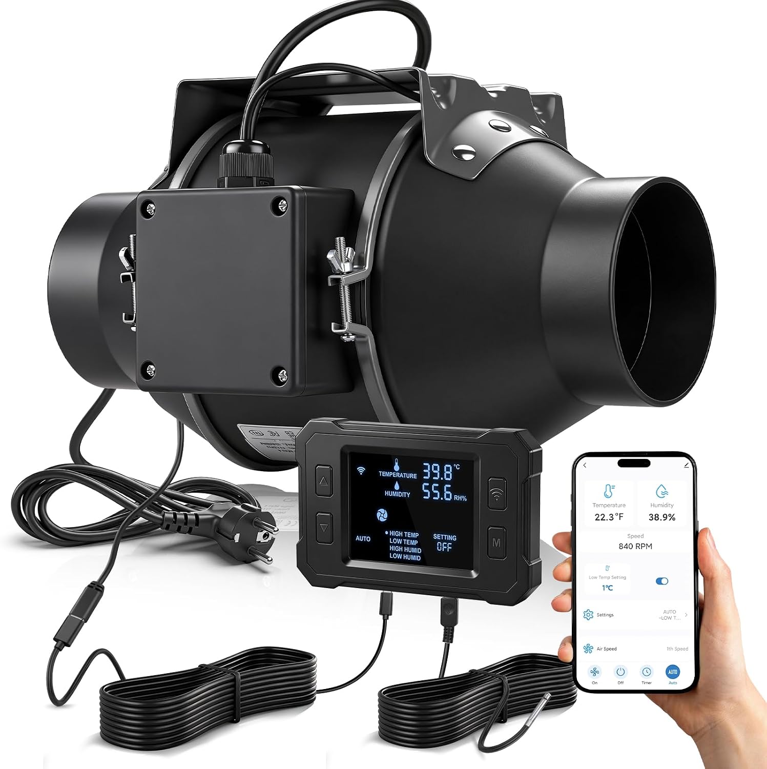 100mm Rohrventilator WiFi APP mit Inverter-EC-Motor, 360 m³/h Inliner Abluftventilator mit Intelligenter Temperatur- und Feuchtigkeitsregler, 3m Kabel Inline Rohrlüfter für Growzelte Gewächshäuser