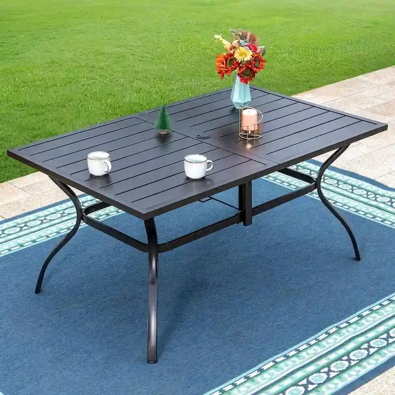 7/8-Piece Patio Dining Set including 60x38 Slatted Metal Table with 1.56 Umbrella Hole and 6 Spring Motion Chairs
