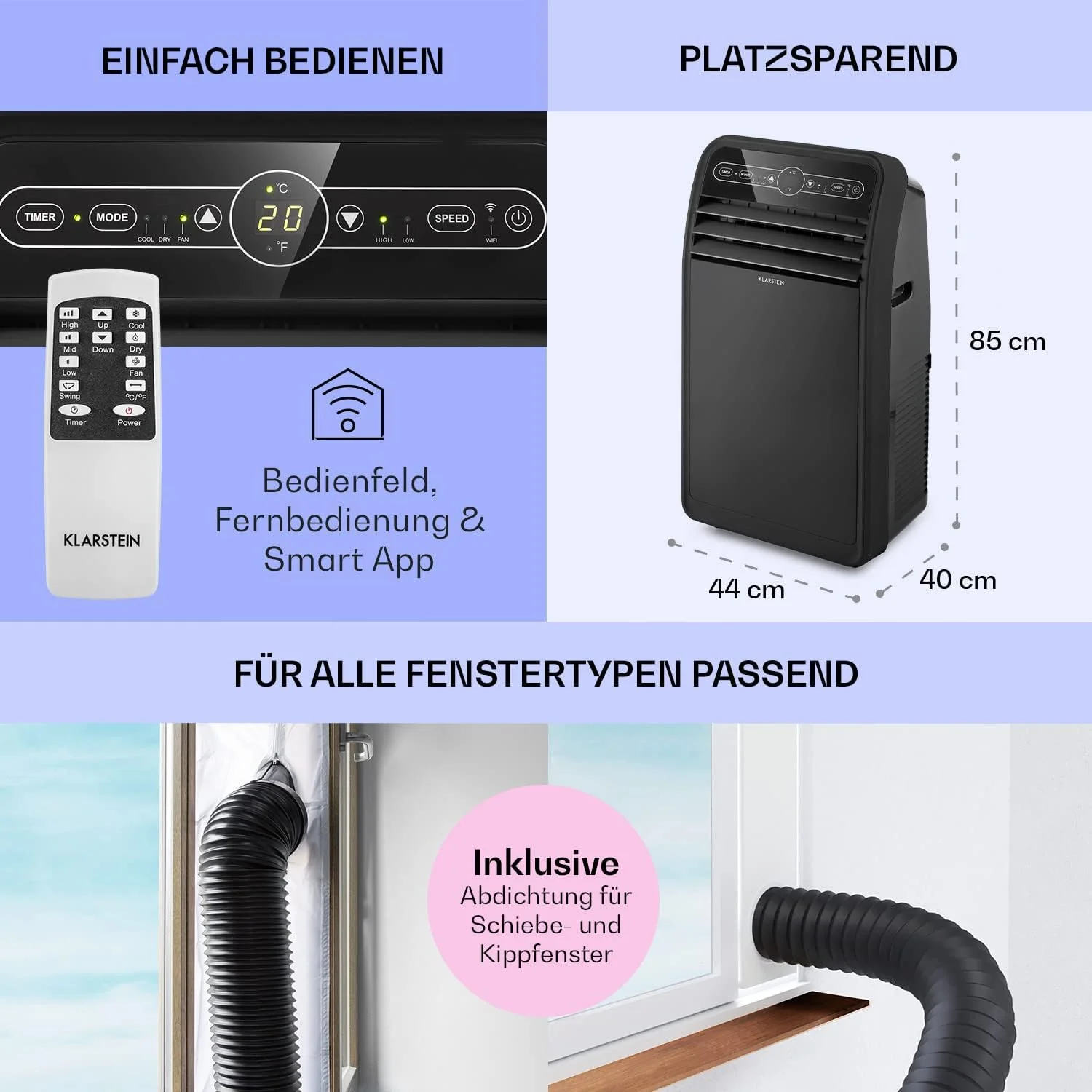 Klarstein Mobile Klimaanlage mit Abluftschlauch, 4-in-1 Klimagerät mit Ventilator, Luftentfeuchter & Nachtmodus, Kleine & Portable Klimaanlage für Wohnung & Büro, Niedriger Verbrauch, 9000 BTU