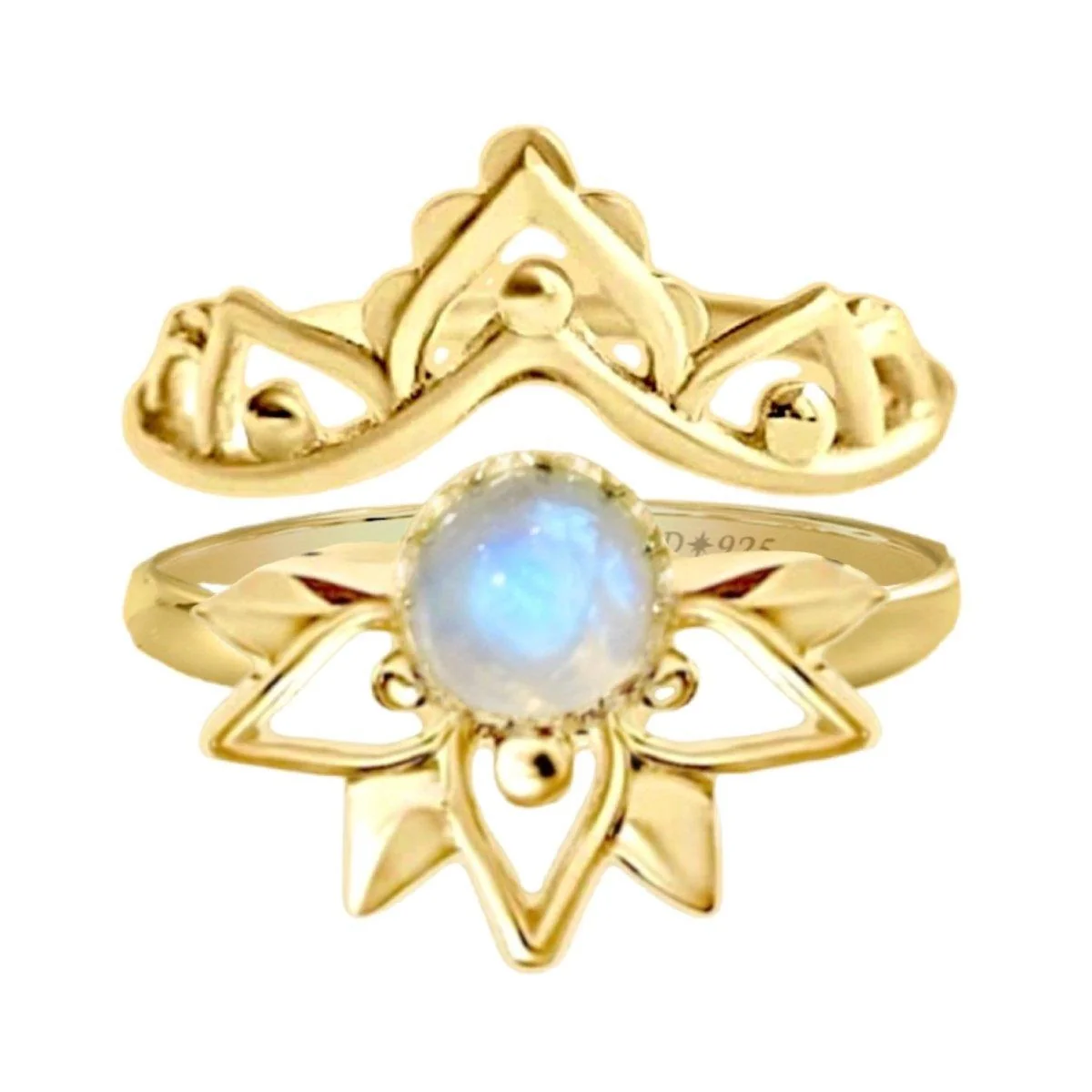 Gold Moonstone Ring Set- Inflorescence Gold Boho Ring