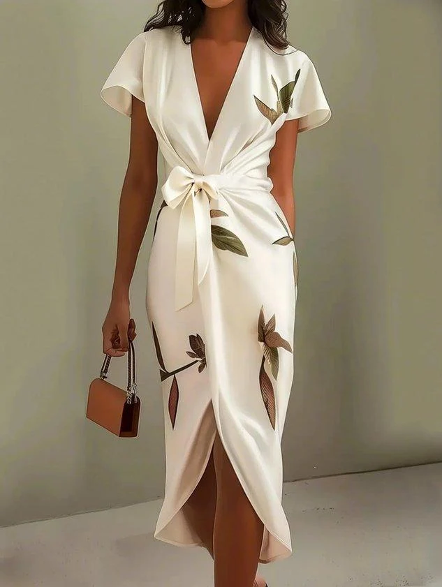 Womena??s Floral Wrap Midi Dress Elegant Versatile Style