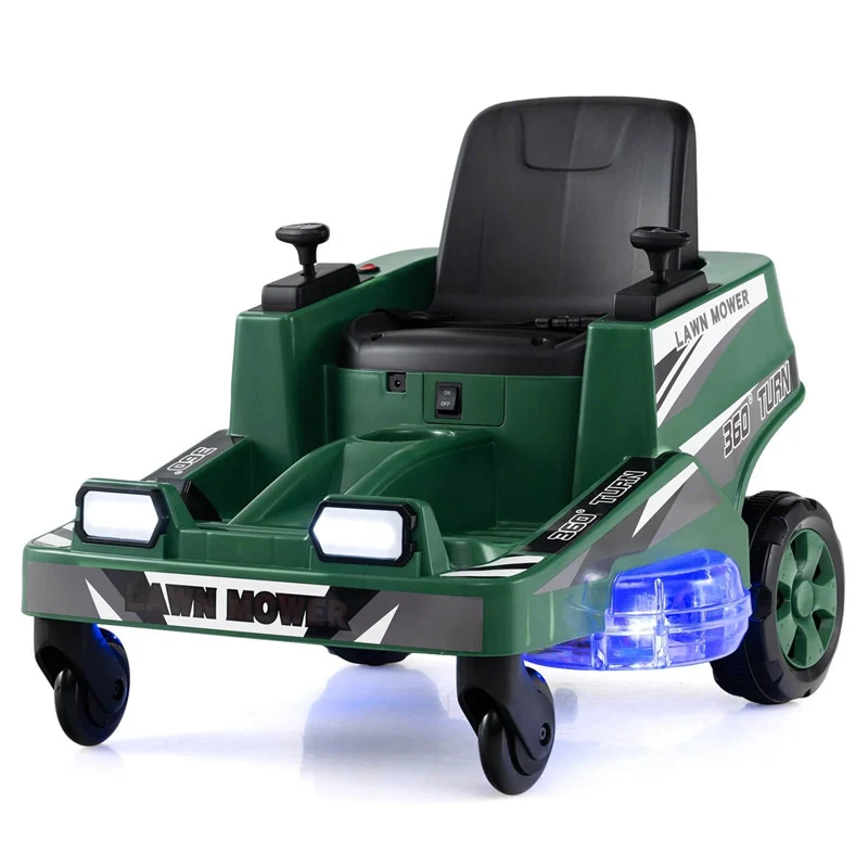 12V Kids Ride-On Lawn Mower with 360° Twist & Turn, Dual Control Sticks, LED Lights, Toddler Electric Car Toy for Boys & Girls Aged 3-8