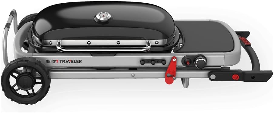 Weber Traveler barbecue a gas/design pieghevole e portatile con ruote, blocco automatico coperchio e termometro integrato, 1 bruciatore, larghezza 111 cm, superficie di cottura 2065 cm², nero