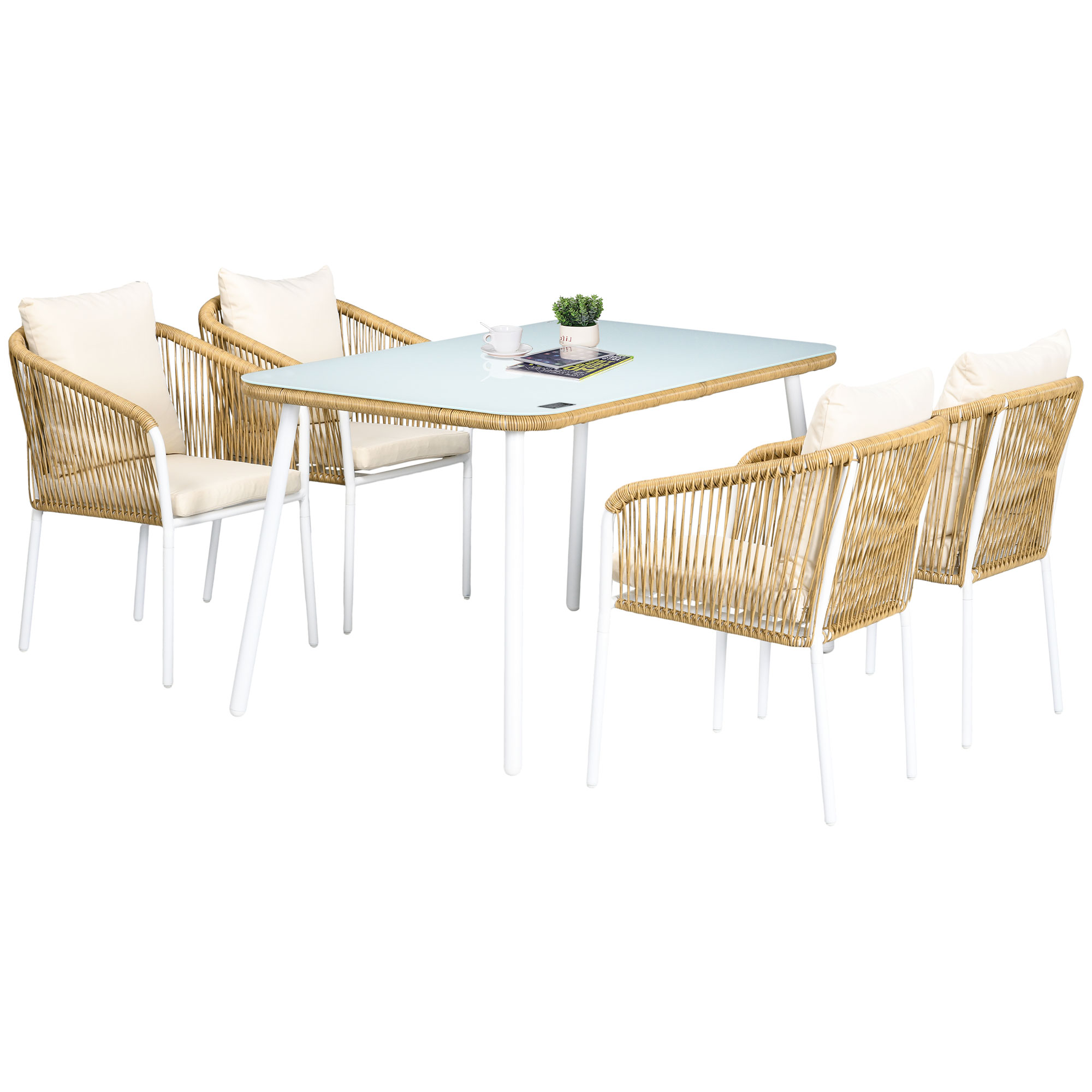 Outsunny Tuinset, 5-delig, Rattanlook, Zit- & Rugkussens, roestvrij Alu-frame, Geel/Wit/Beige