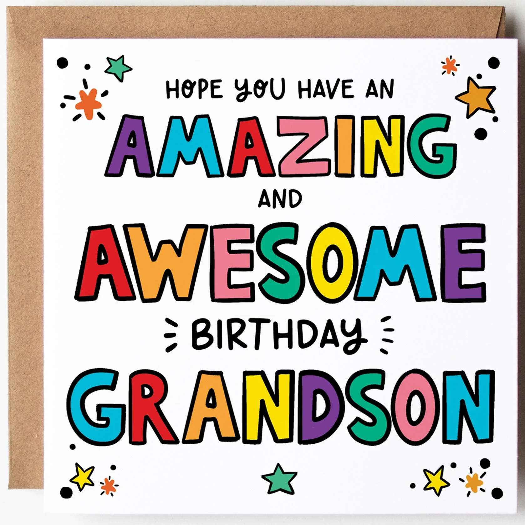 Grandson Birthday Card: Bright, cheerful, fun with Kraft Envelope