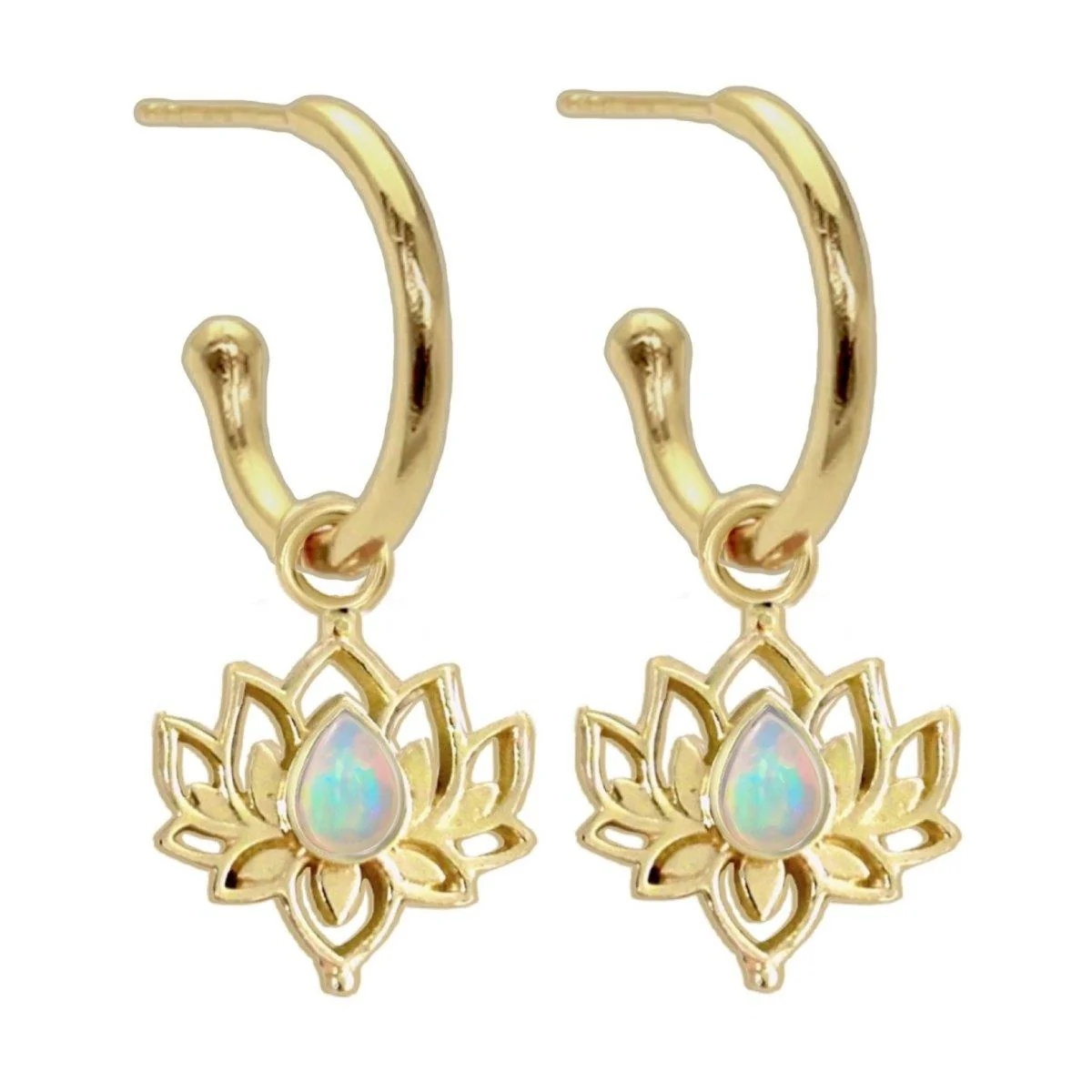 Laihas Opulent Lotus Flower Gold Opal Hoop Earrings